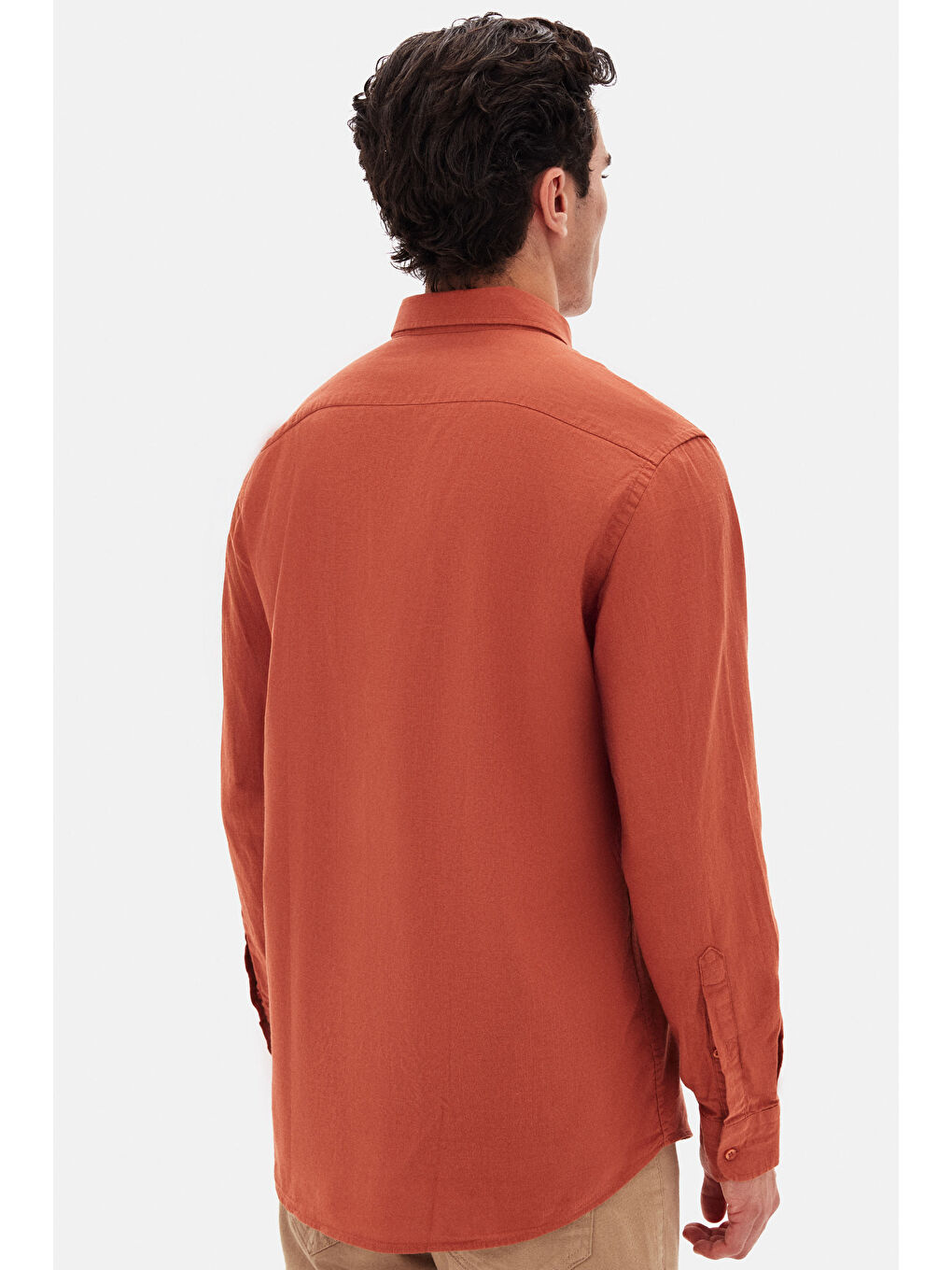 Kahverengi Comfort Kiremit Düğmeli Yaka Rahat Kesim Keten Görünümlü %100 Pamuk Gömlek-3