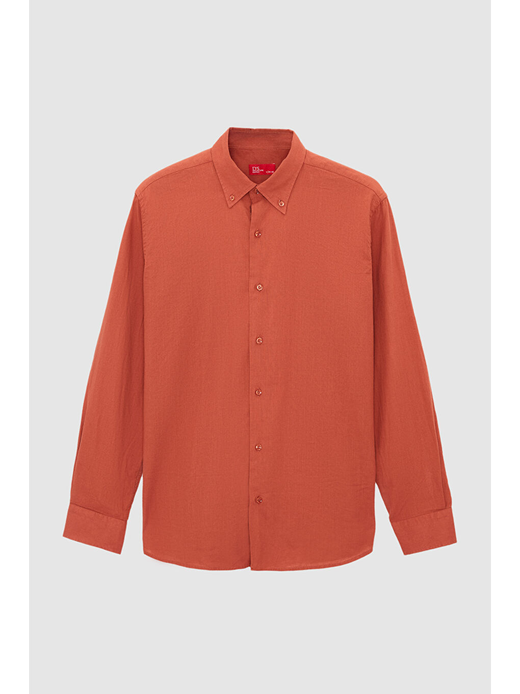 Kahverengi Comfort Kiremit Düğmeli Yaka Rahat Kesim Keten Görünümlü %100 Pamuk Gömlek-4