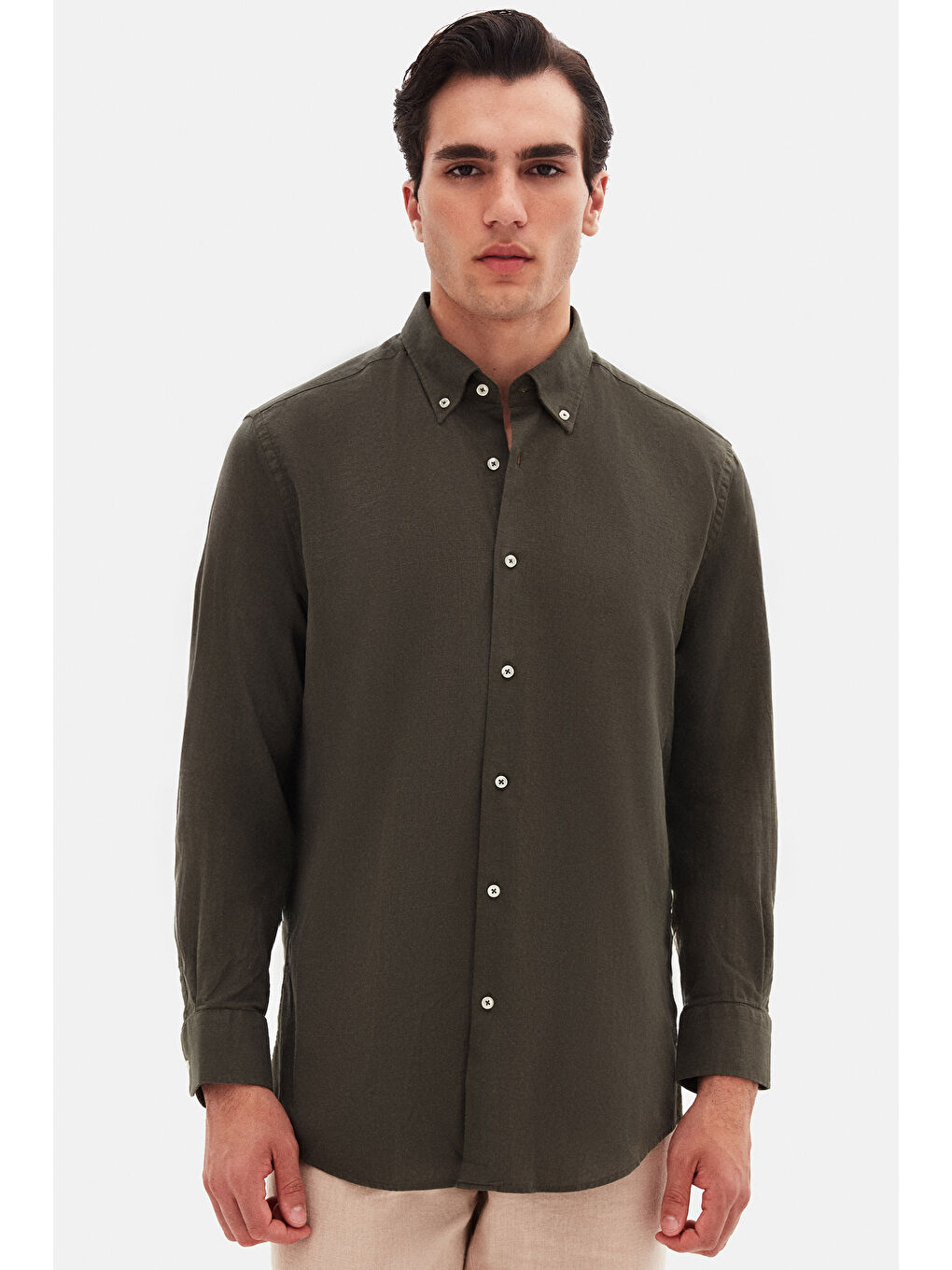 Comfort Haki Düğmeli Yaka Rahat Kesim Keten Görünümlü %100 Pamuk Gömlek-1