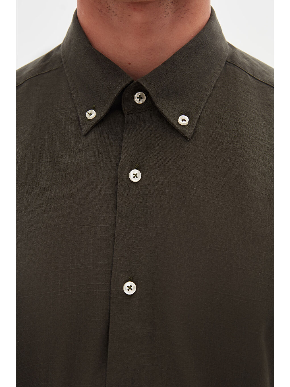 Comfort Haki Düğmeli Yaka Rahat Kesim Keten Görünümlü %100 Pamuk Gömlek-3