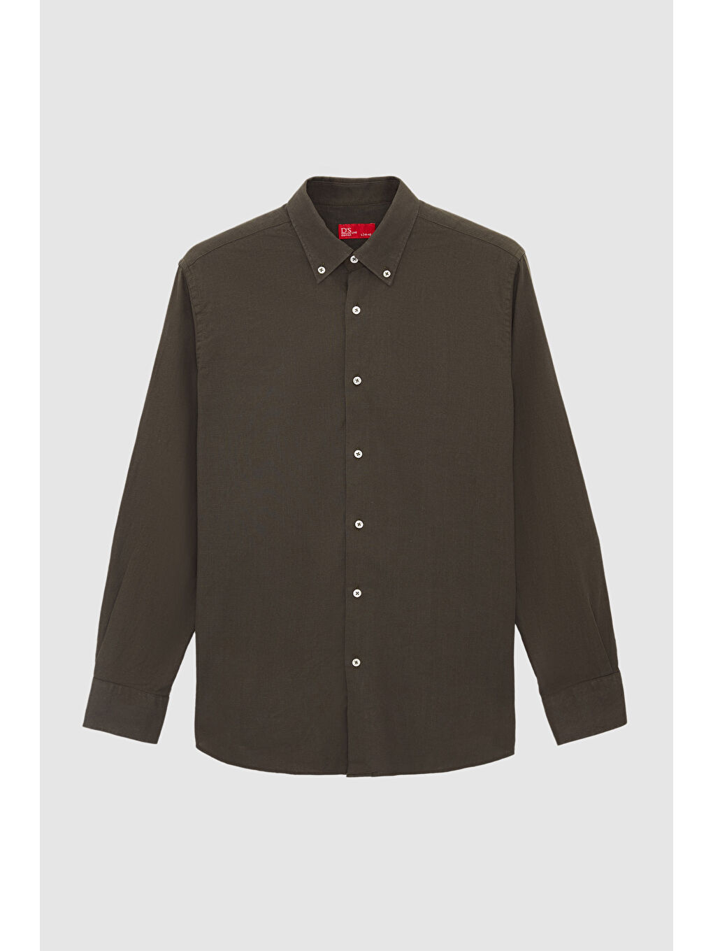 Comfort Haki Düğmeli Yaka Rahat Kesim Keten Görünümlü %100 Pamuk Gömlek-4