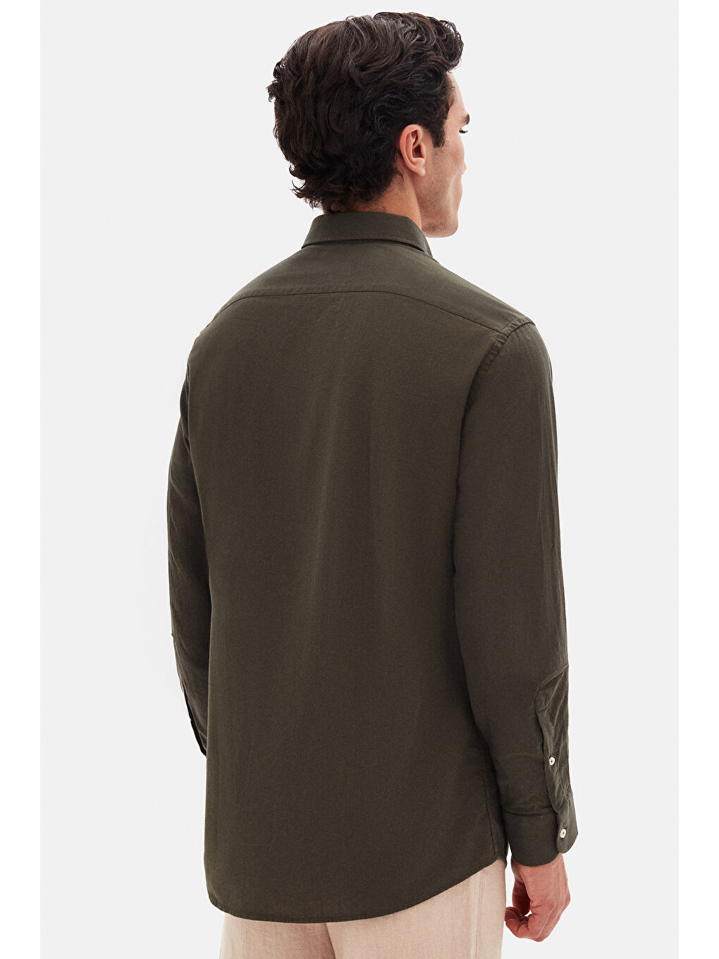 Comfort Haki Düğmeli Yaka Rahat Kesim Keten Görünümlü %100 Pamuk Gömlek-5