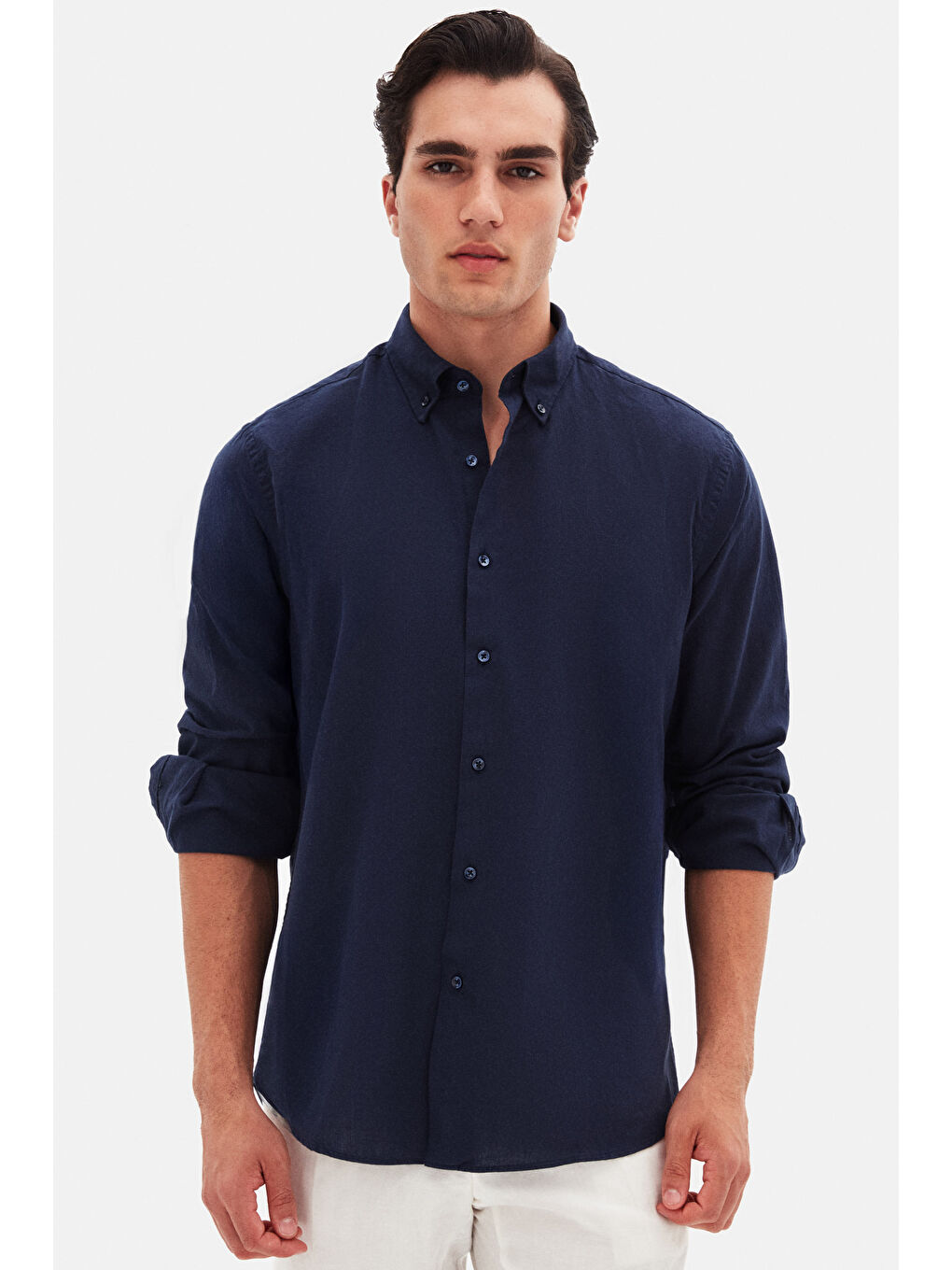 Comfort Lacivert Düğmeli Yaka Rahat Kesim Keten Görünümlü %100 Pamuk Gömlek