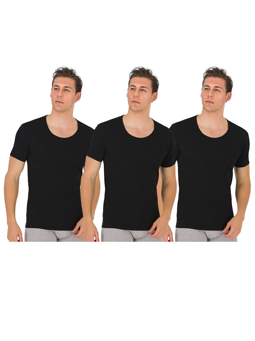 Siyah Erkek Bisiklet Yaka Kısa Kol %100 Pamuk Atlet 3'Lü