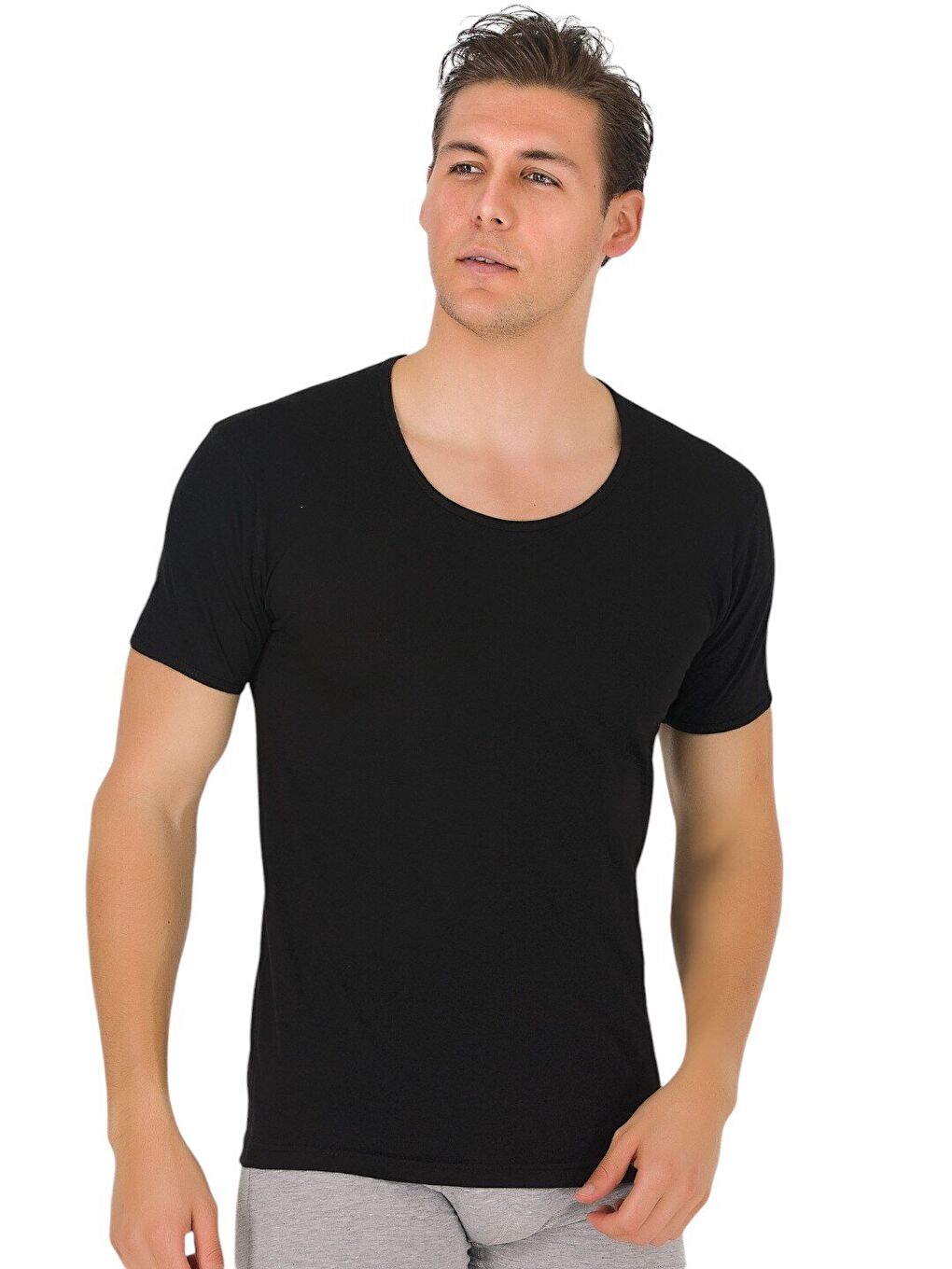 Siyah Erkek Bisiklet Yaka Kısa Kol %100 Pamuk Atlet 3'Lü-1