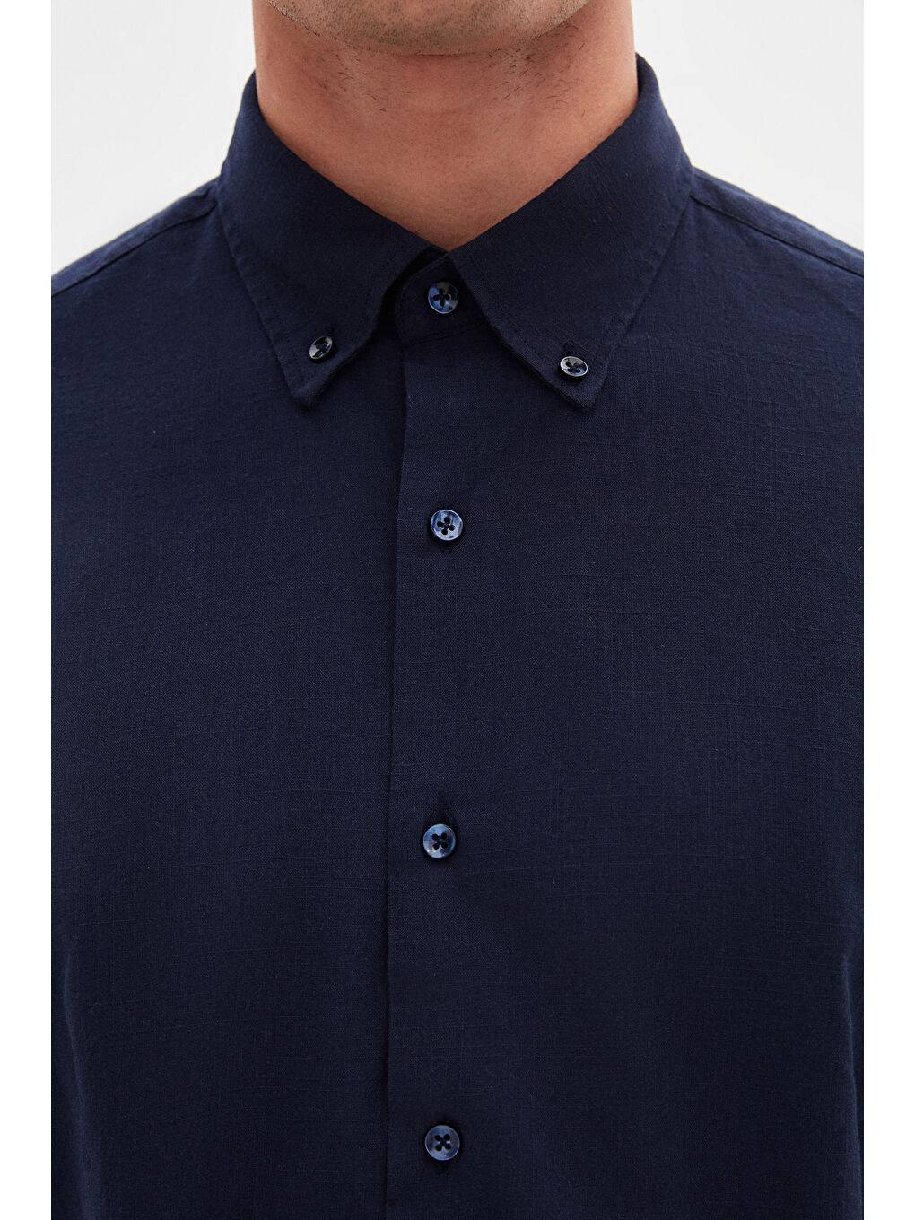 Comfort Lacivert Düğmeli Yaka Rahat Kesim Keten Görünümlü %100 Pamuk Gömlek-3