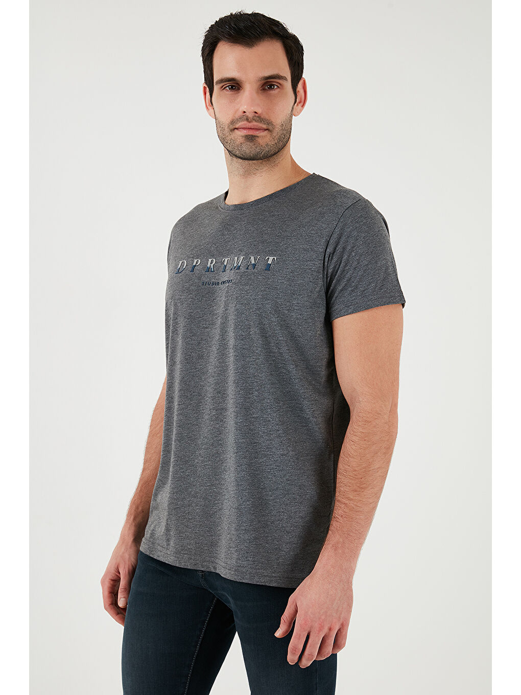 Antrasit Baskılı Bisiklet Yaka Pamuklu Slim Fit Tişört 541DPRTMNT24-5