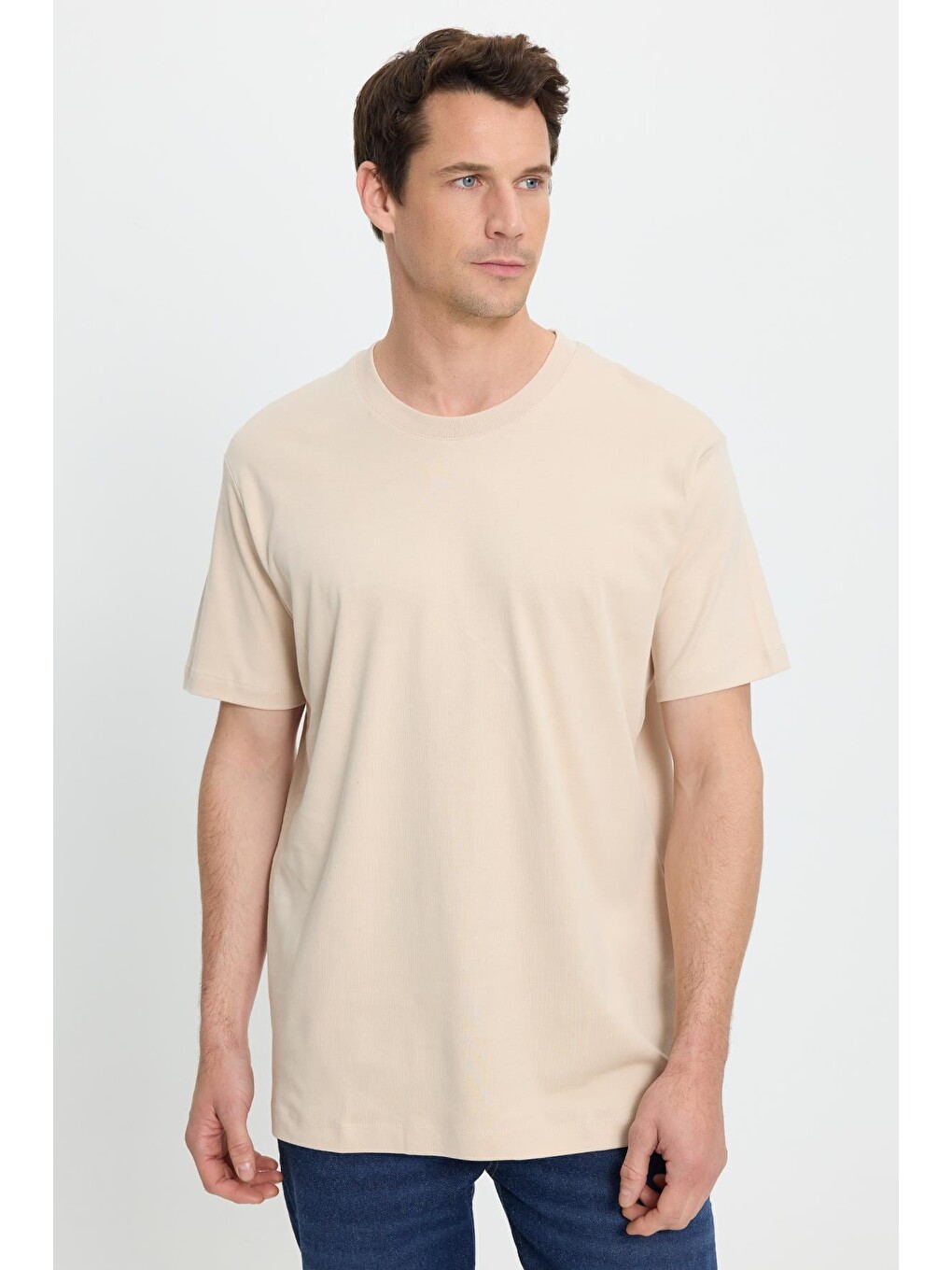 Bej Unisex Relax Fit Rahat Kesim %100 Pamuk Yumuşak Dokulu Basic Bisiklet Yaka Taş Tişört-1