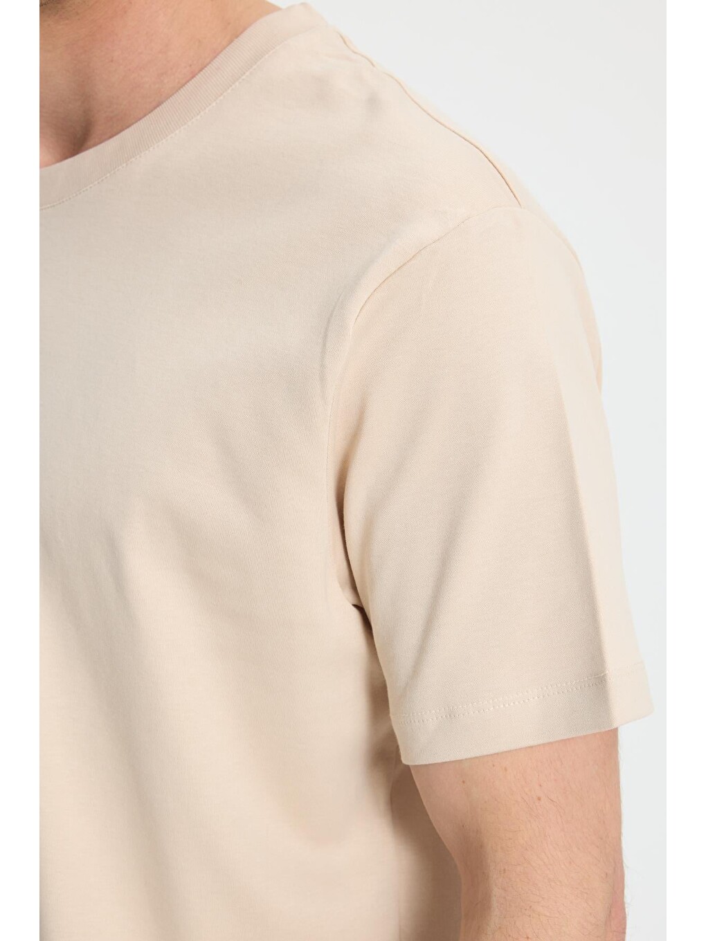 Bej Unisex Relax Fit Rahat Kesim %100 Pamuk Yumuşak Dokulu Basic Bisiklet Yaka Taş Tişört-2