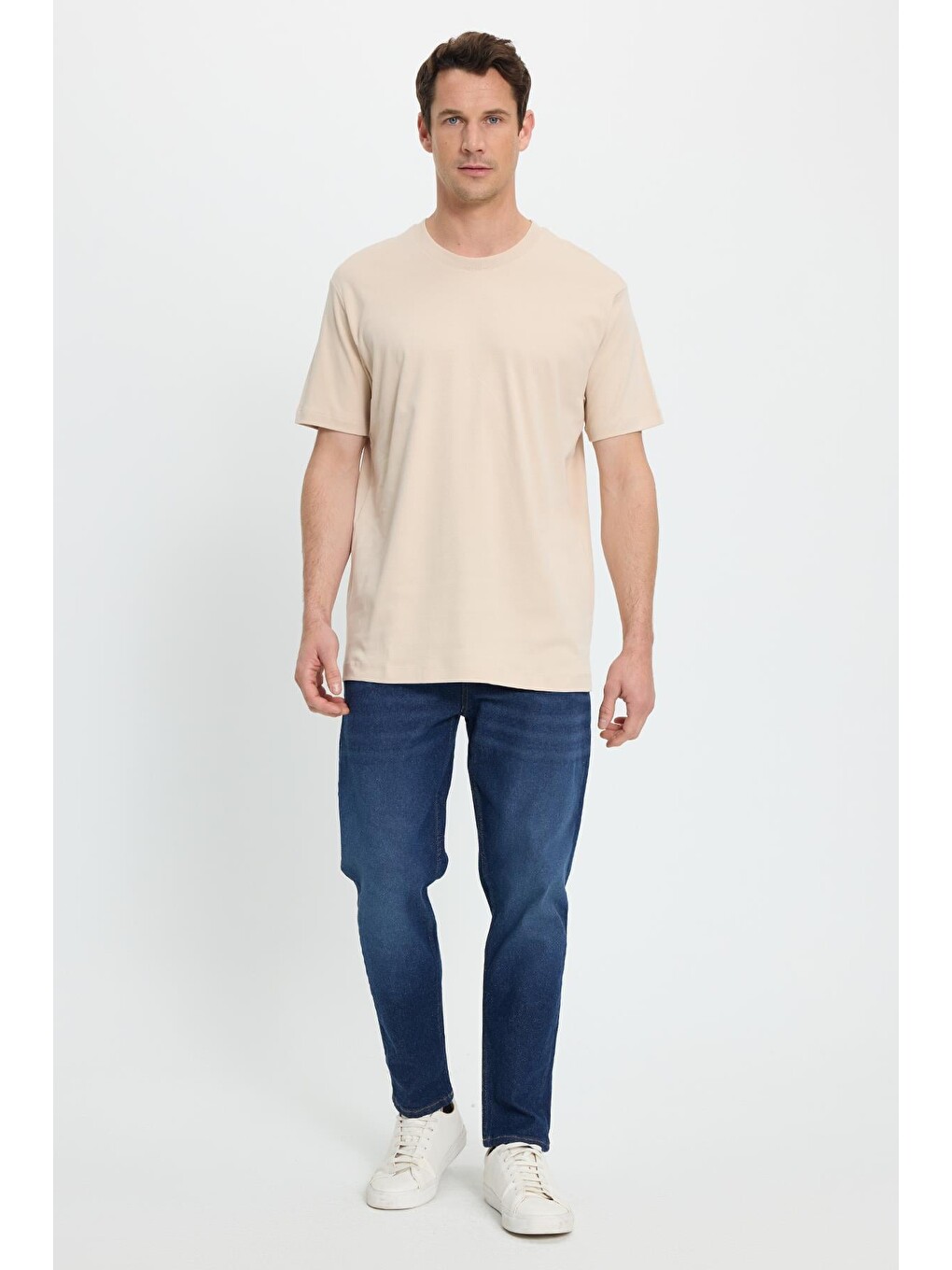 Bej Unisex Relax Fit Rahat Kesim %100 Pamuk Yumuşak Dokulu Basic Bisiklet Yaka Taş Tişört-3