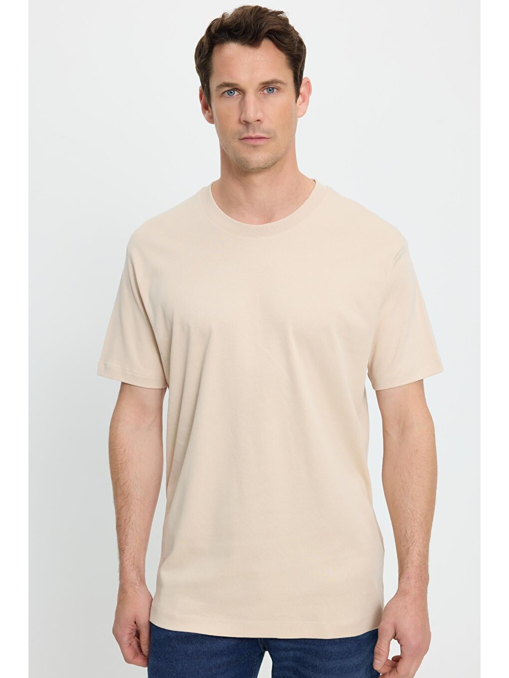 Bej Unisex Relax Fit Rahat Kesim %100 Pamuk Yumuşak Dokulu Basic Bisiklet Yaka Taş Tişört-4