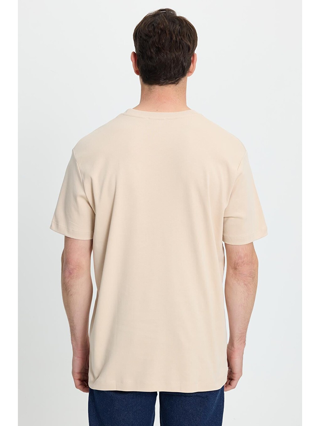 Bej Unisex Relax Fit Rahat Kesim %100 Pamuk Yumuşak Dokulu Basic Bisiklet Yaka Taş Tişört-6