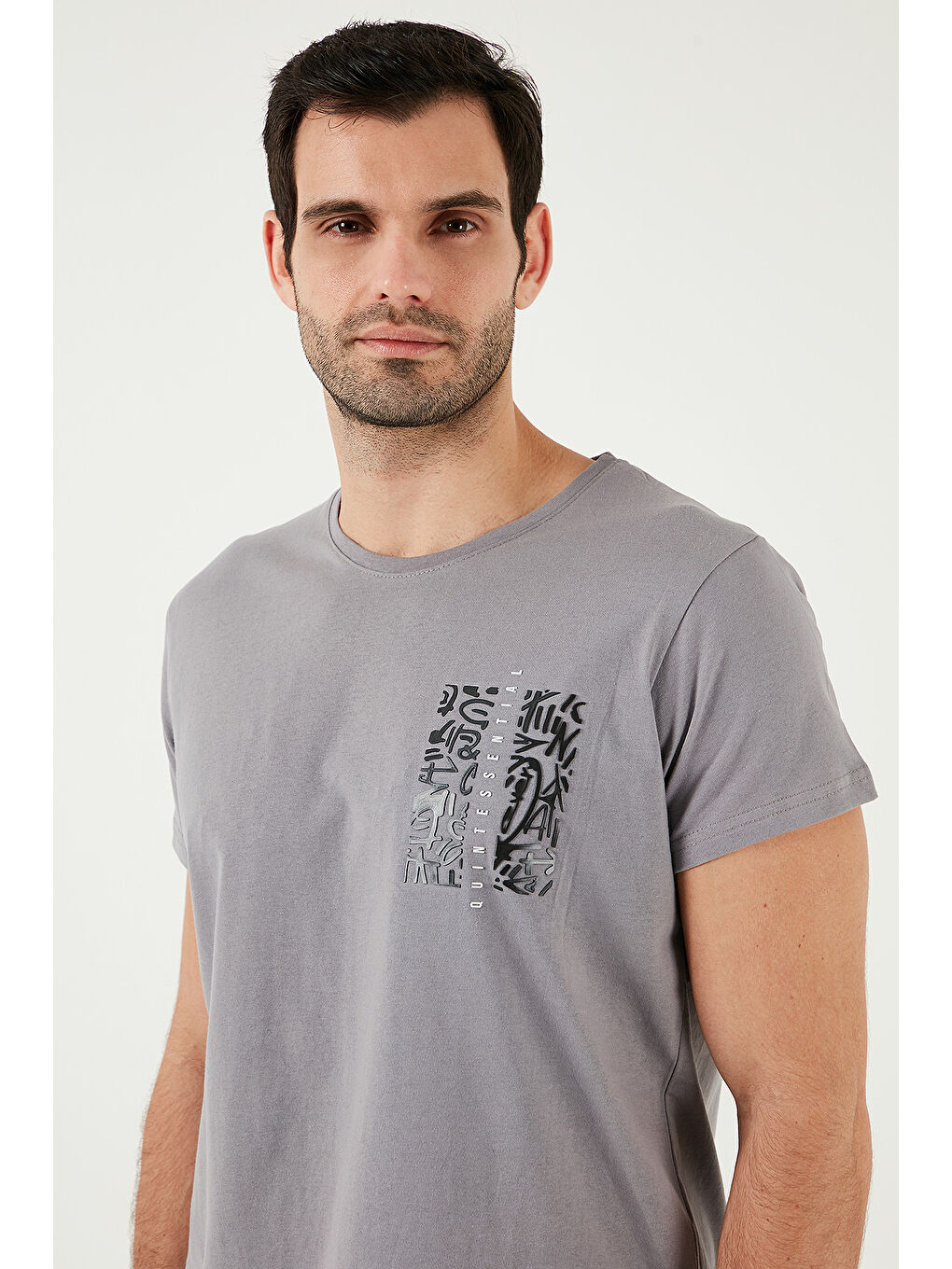 Gri Bisiklet Yaka %100 Pamuk Slim Fit Tişört 541QUINT-5