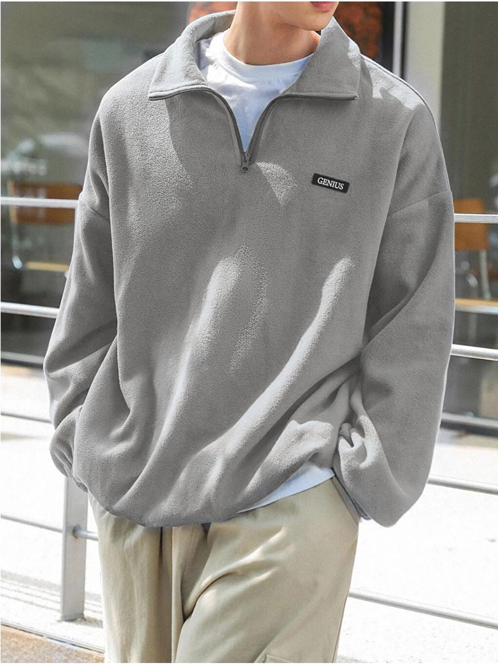 Gri Erkek Polar Oversize Sweatshirt