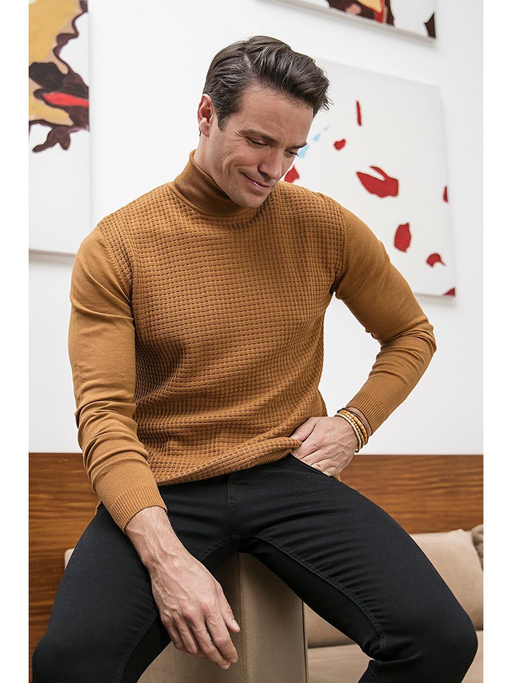 Kahverengi Regular Fit Balıkçı Yaka Pamuklu Triko Kazak 6353462