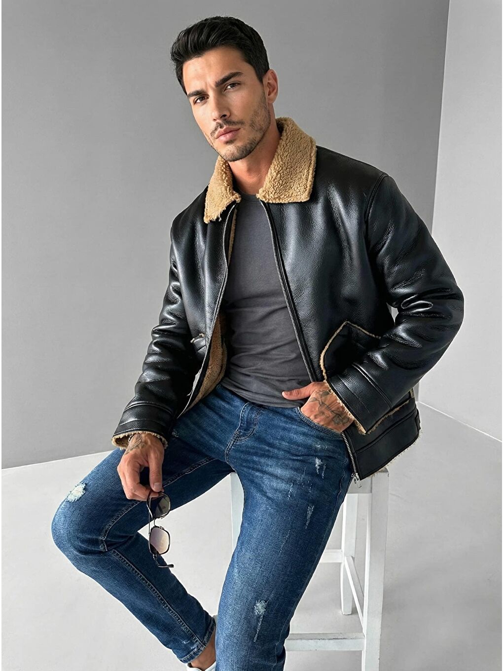 Erkek Rahat Kalıp Deri Pelüş Ceket Siyah Camel