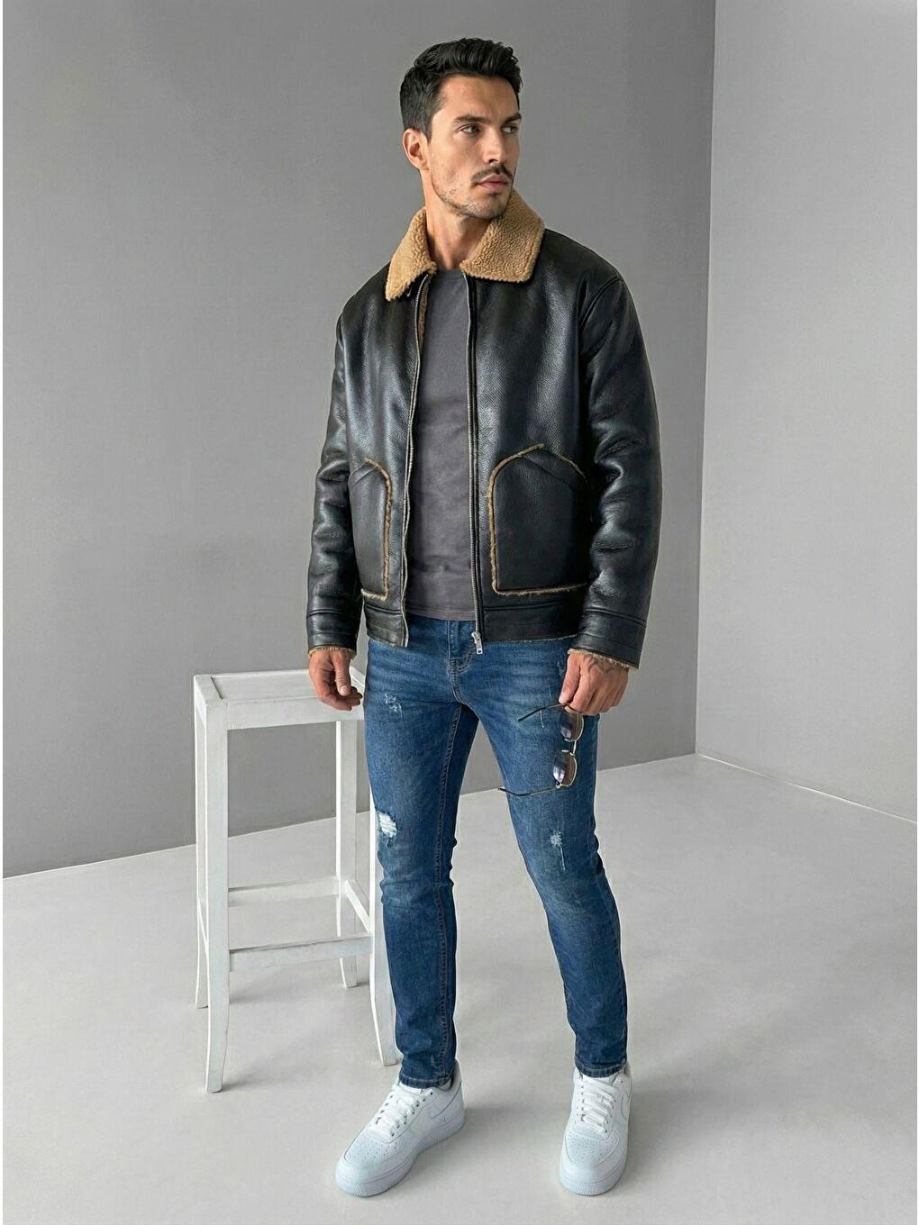 Erkek Rahat Kalıp Deri Pelüş Ceket Siyah Camel-1