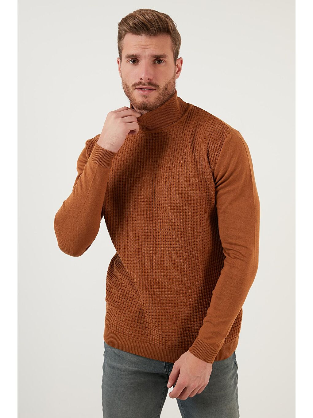 Kahverengi Regular Fit Balıkçı Yaka Pamuklu Triko Kazak 6353462-1