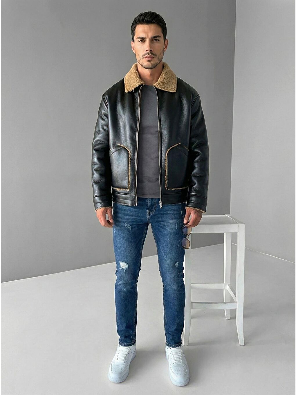 Erkek Rahat Kalıp Deri Pelüş Ceket Siyah Camel-2