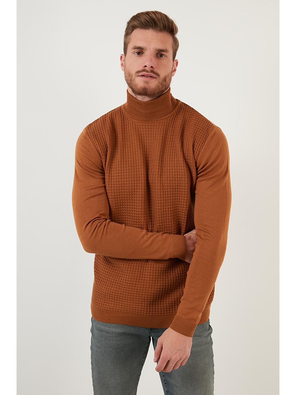 Kahverengi Regular Fit Balıkçı Yaka Pamuklu Triko Kazak 6353462-2