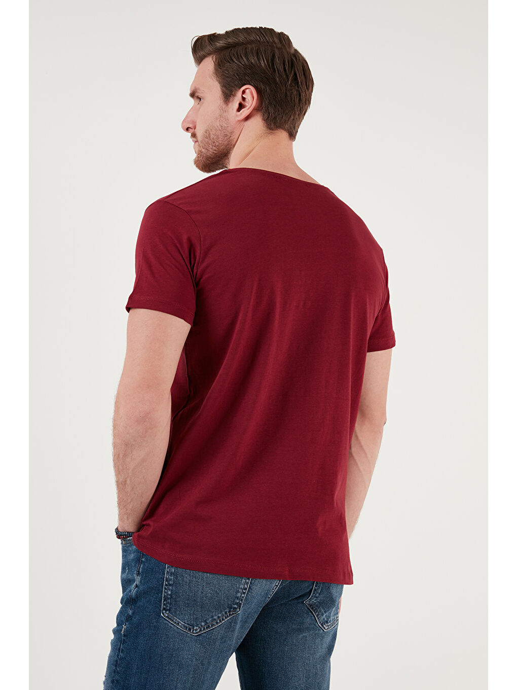 Bordo Bisiklet Yaka %100 Pamuk Slim Fit Erkek Tişört 541QUINT-5