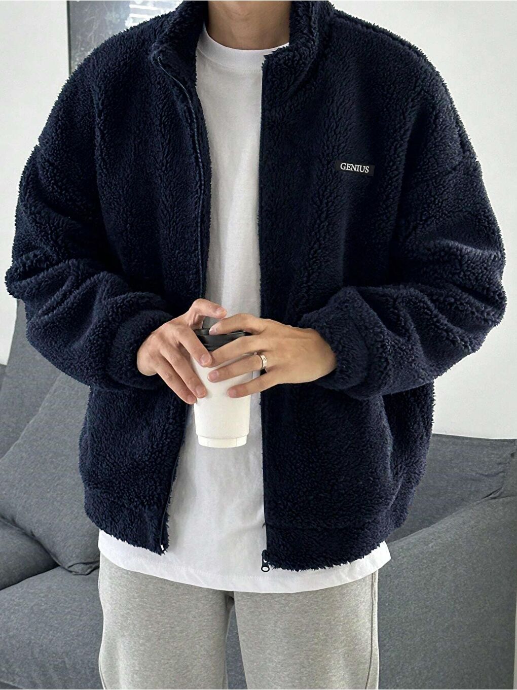 Genius Store Lacivert Oversize Pelüş Tam Pelüş İçi Polarlı Sherpa Kumaş Fermuarlı Sweatshirt