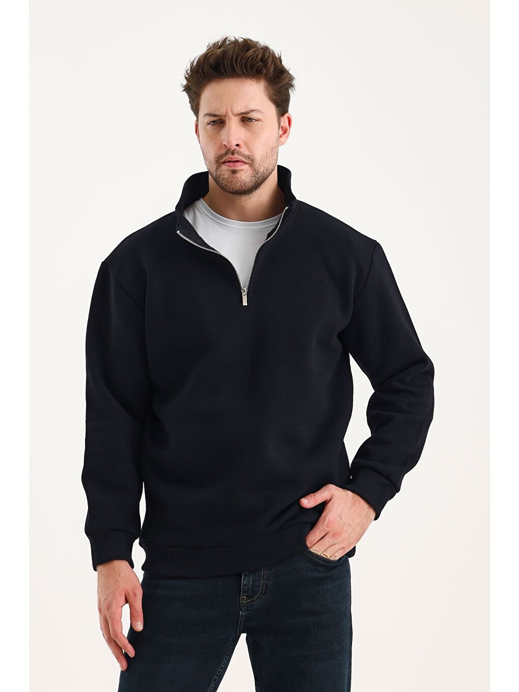 Lacivert Unisex %100 Pamuk Sweatshirt  Pamuklu Içi Polarlı Yarım Fermuarlı Dik Yaka %100 Pamuk Sweatshirt-1