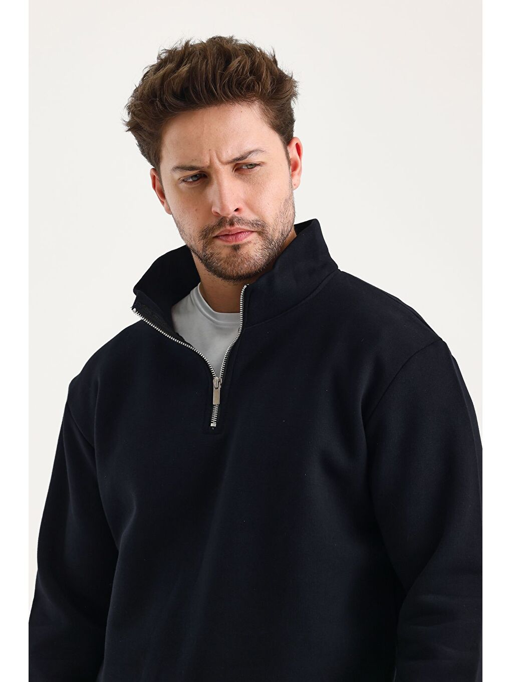 Lacivert Unisex %100 Pamuk Sweatshirt  Pamuklu Içi Polarlı Yarım Fermuarlı Dik Yaka %100 Pamuk Sweatshirt-2