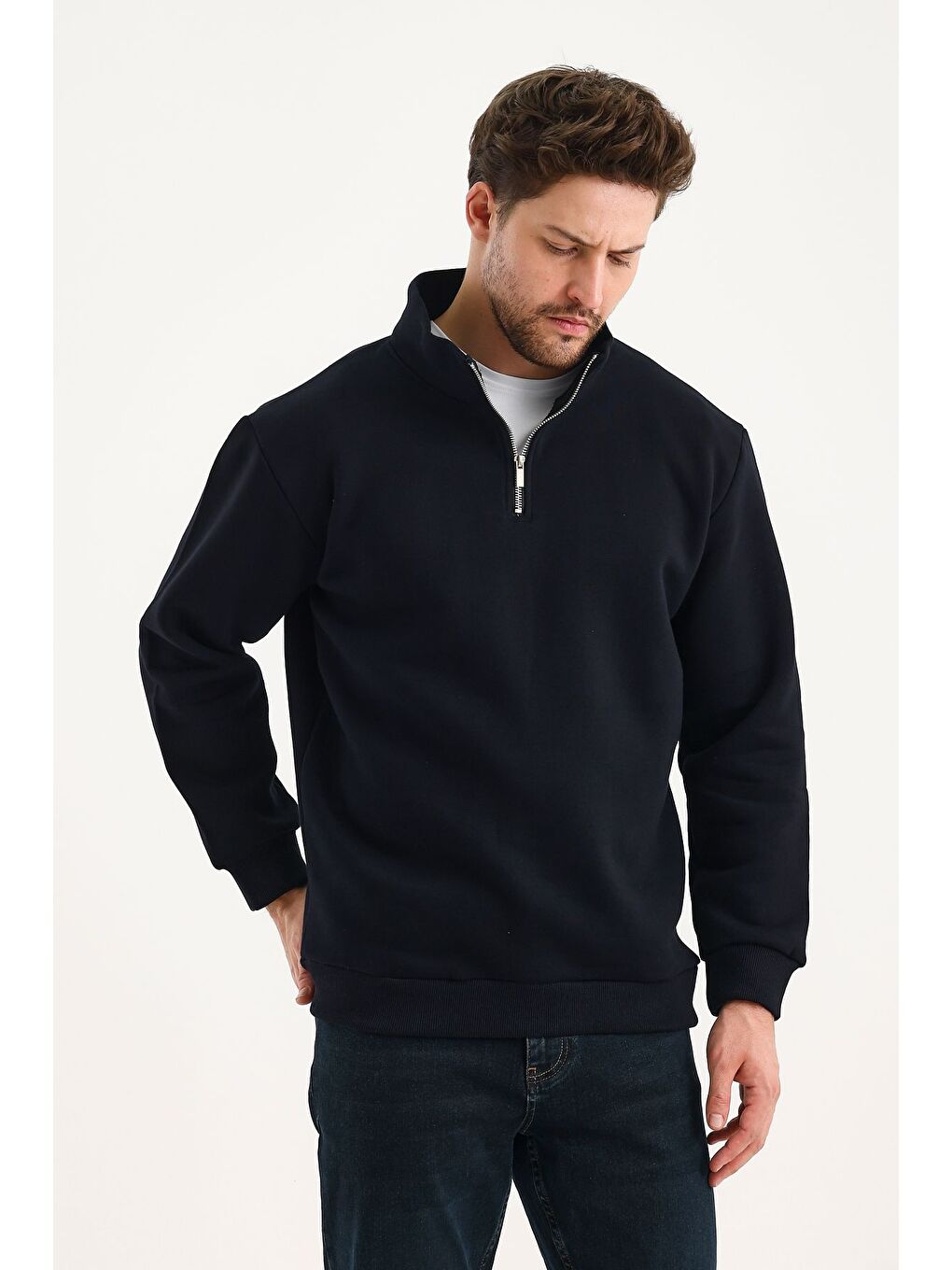 Lacivert Unisex %100 Pamuk Sweatshirt  Pamuklu Içi Polarlı Yarım Fermuarlı Dik Yaka %100 Pamuk Sweatshirt-3