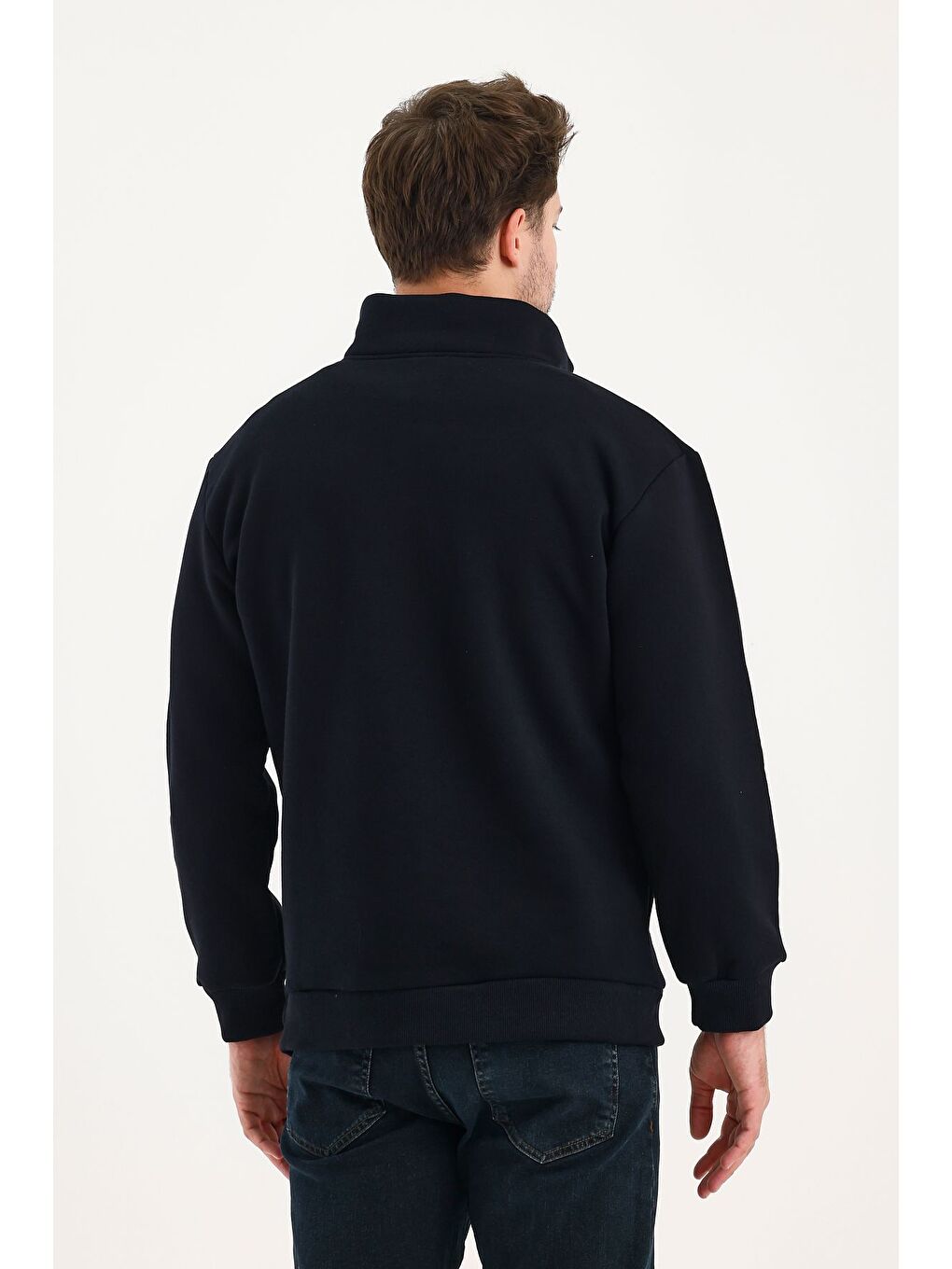 Lacivert Unisex %100 Pamuk Sweatshirt  Pamuklu Içi Polarlı Yarım Fermuarlı Dik Yaka %100 Pamuk Sweatshirt-4