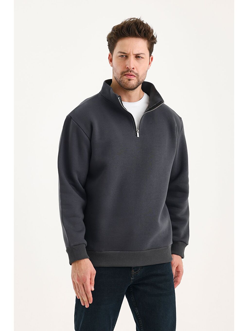 Gri Unisex %100 Pamuk Sweatshirt  Pamuklu Içi Polarlı Yarım Fermuarlı Dik Yaka %100 Pamuk Sweatshirt