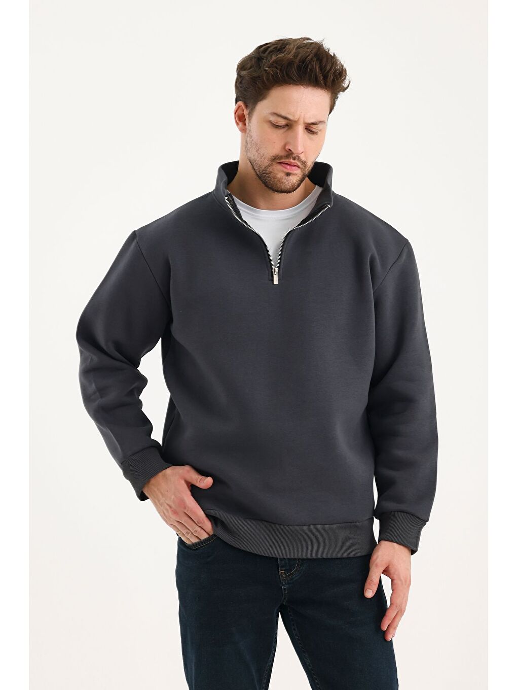 Gri Unisex %100 Pamuk Sweatshirt  Pamuklu Içi Polarlı Yarım Fermuarlı Dik Yaka %100 Pamuk Sweatshirt-1