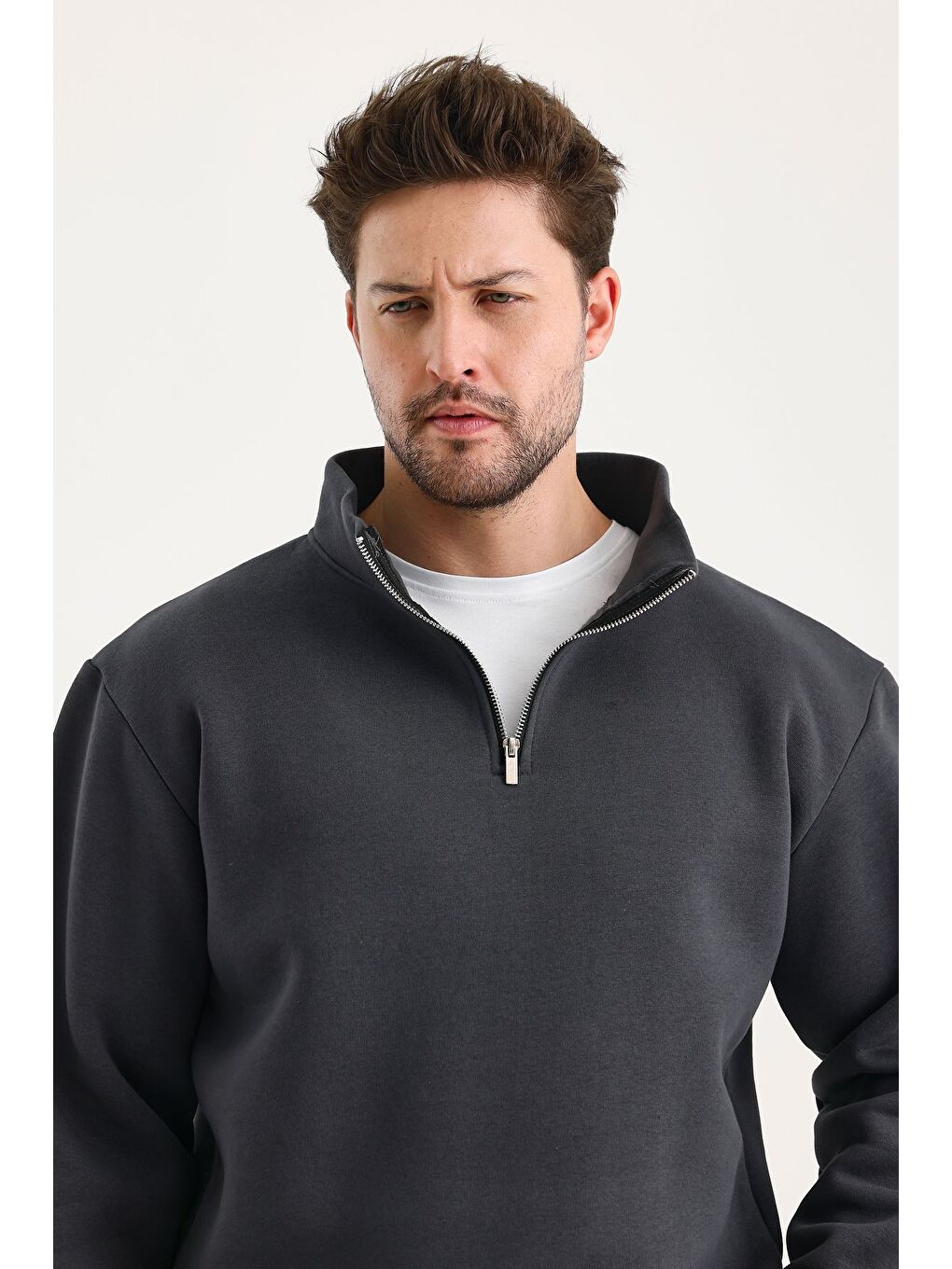 Gri Unisex %100 Pamuk Sweatshirt  Pamuklu Içi Polarlı Yarım Fermuarlı Dik Yaka %100 Pamuk Sweatshirt-2