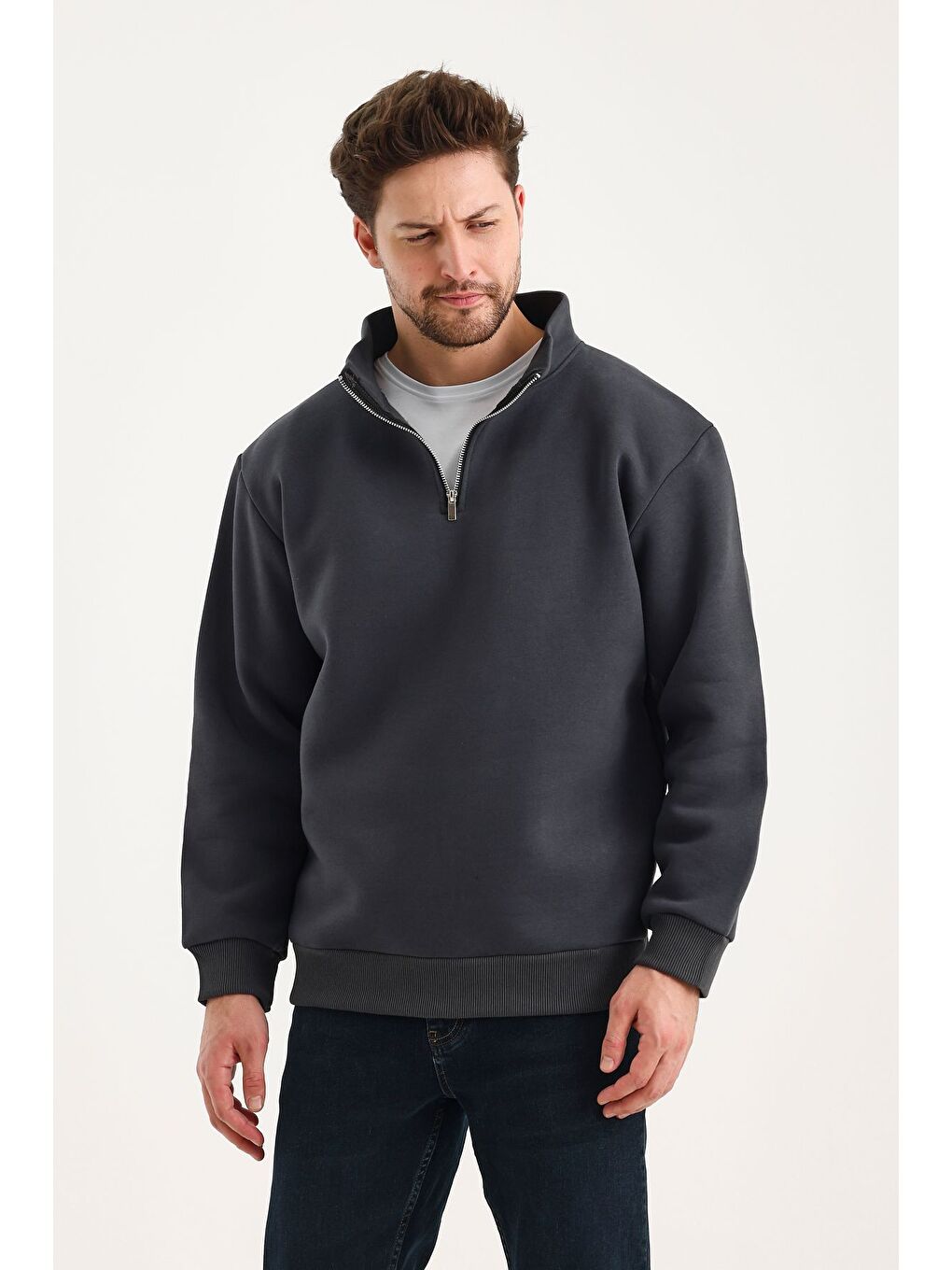 Gri Unisex %100 Pamuk Sweatshirt  Pamuklu Içi Polarlı Yarım Fermuarlı Dik Yaka %100 Pamuk Sweatshirt-3