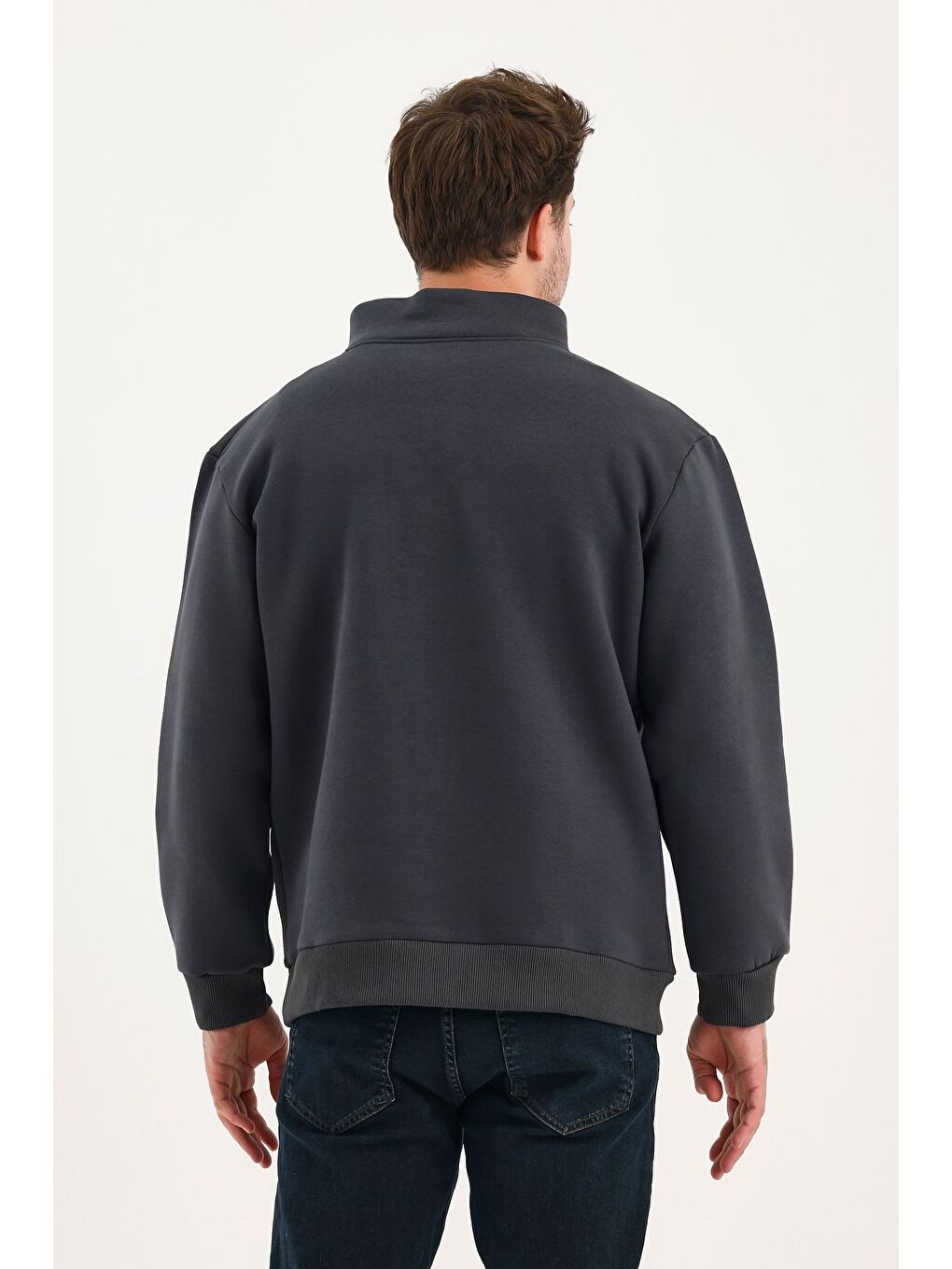 Gri Unisex %100 Pamuk Sweatshirt  Pamuklu Içi Polarlı Yarım Fermuarlı Dik Yaka %100 Pamuk Sweatshirt-4