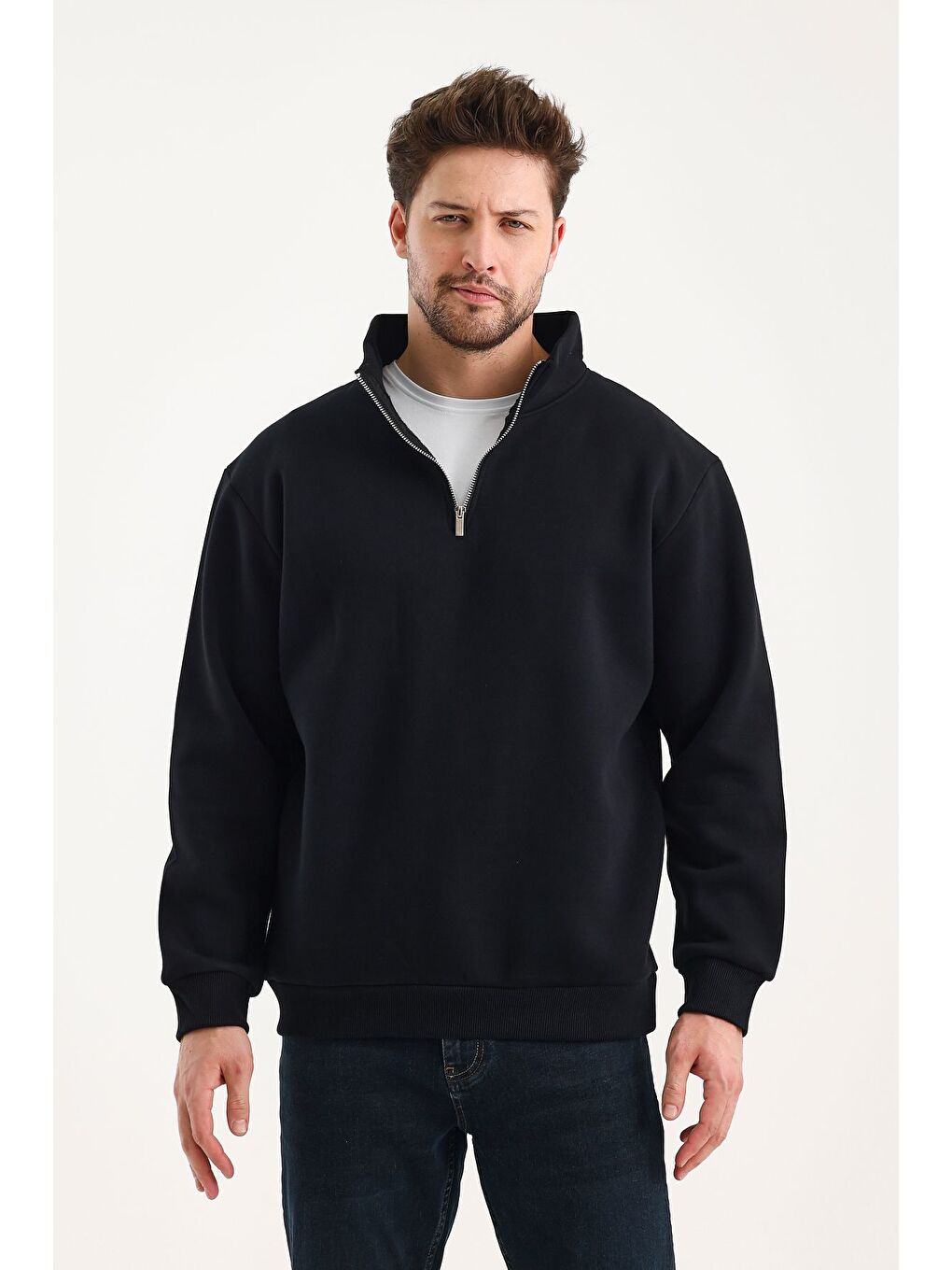 Siyah Unisex %100 Pamuk Sweatshirt  Pamuklu Içi Polarlı Yarım Fermuarlı Dik Yaka %100 Pamuk Sweatshirt