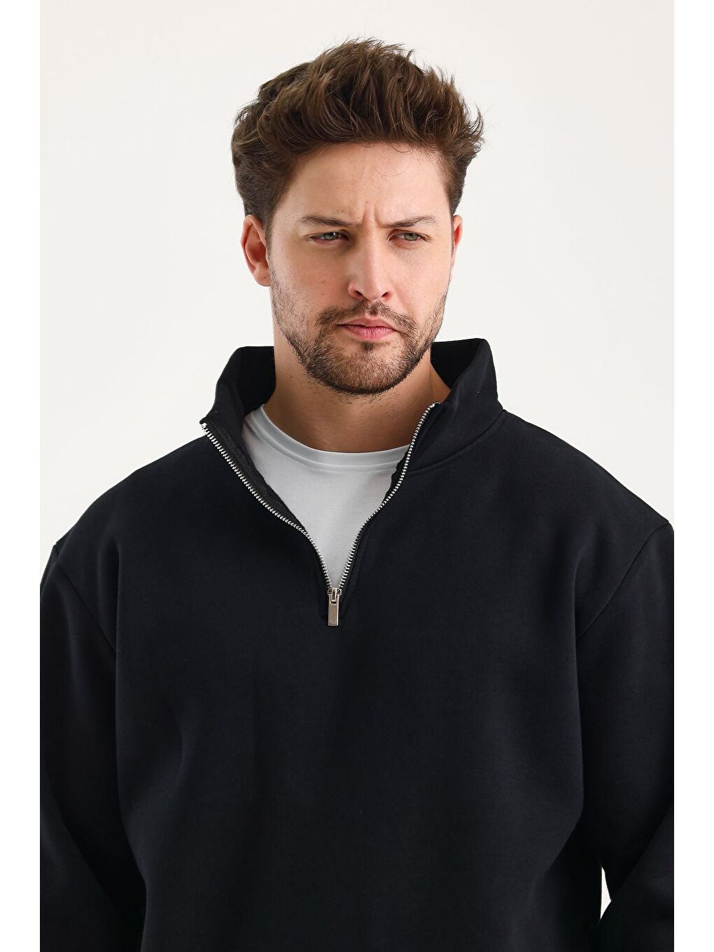 Siyah Unisex %100 Pamuk Sweatshirt  Pamuklu Içi Polarlı Yarım Fermuarlı Dik Yaka %100 Pamuk Sweatshirt-1