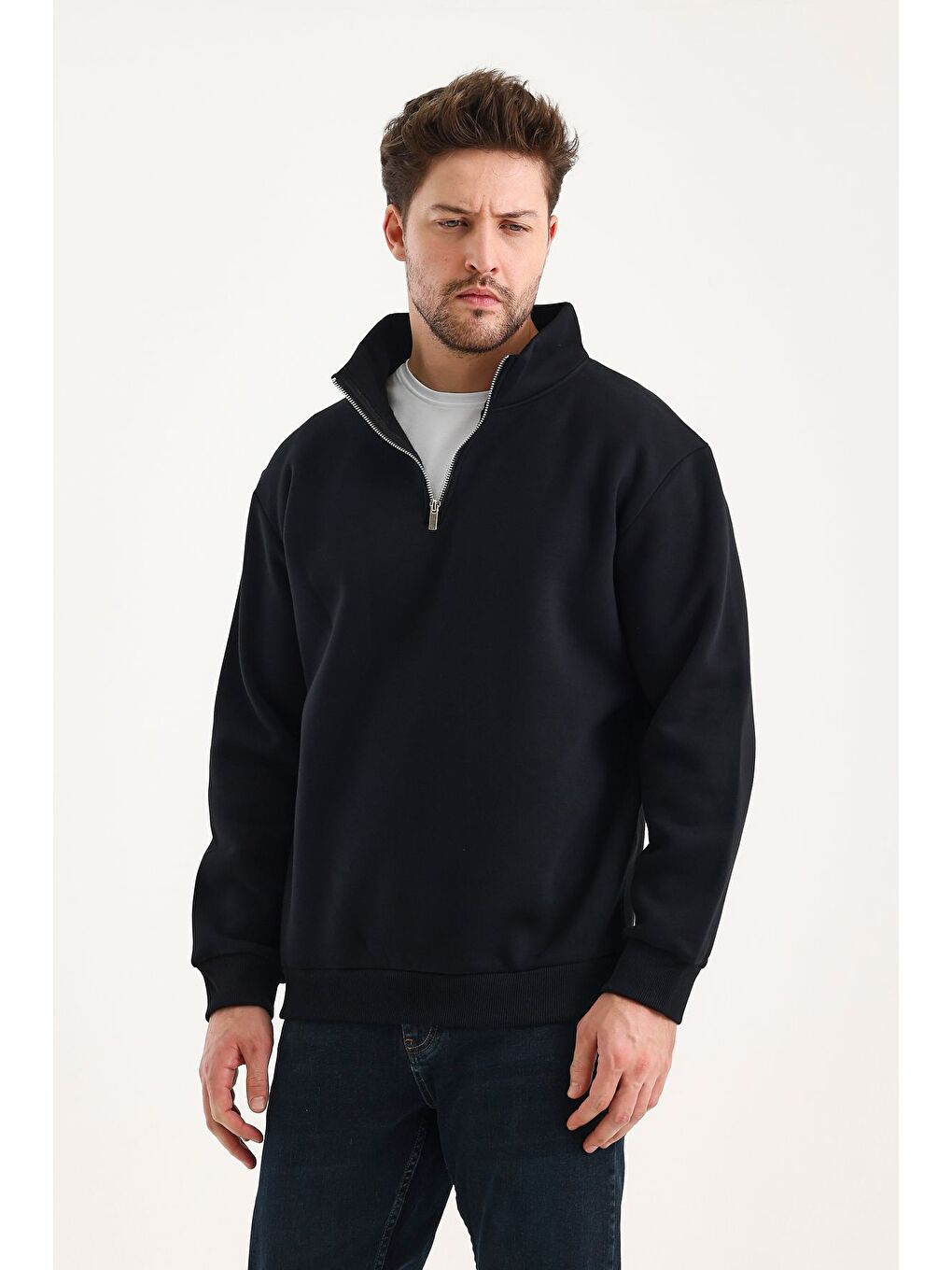 Siyah Unisex %100 Pamuk Sweatshirt  Pamuklu Içi Polarlı Yarım Fermuarlı Dik Yaka %100 Pamuk Sweatshirt-2