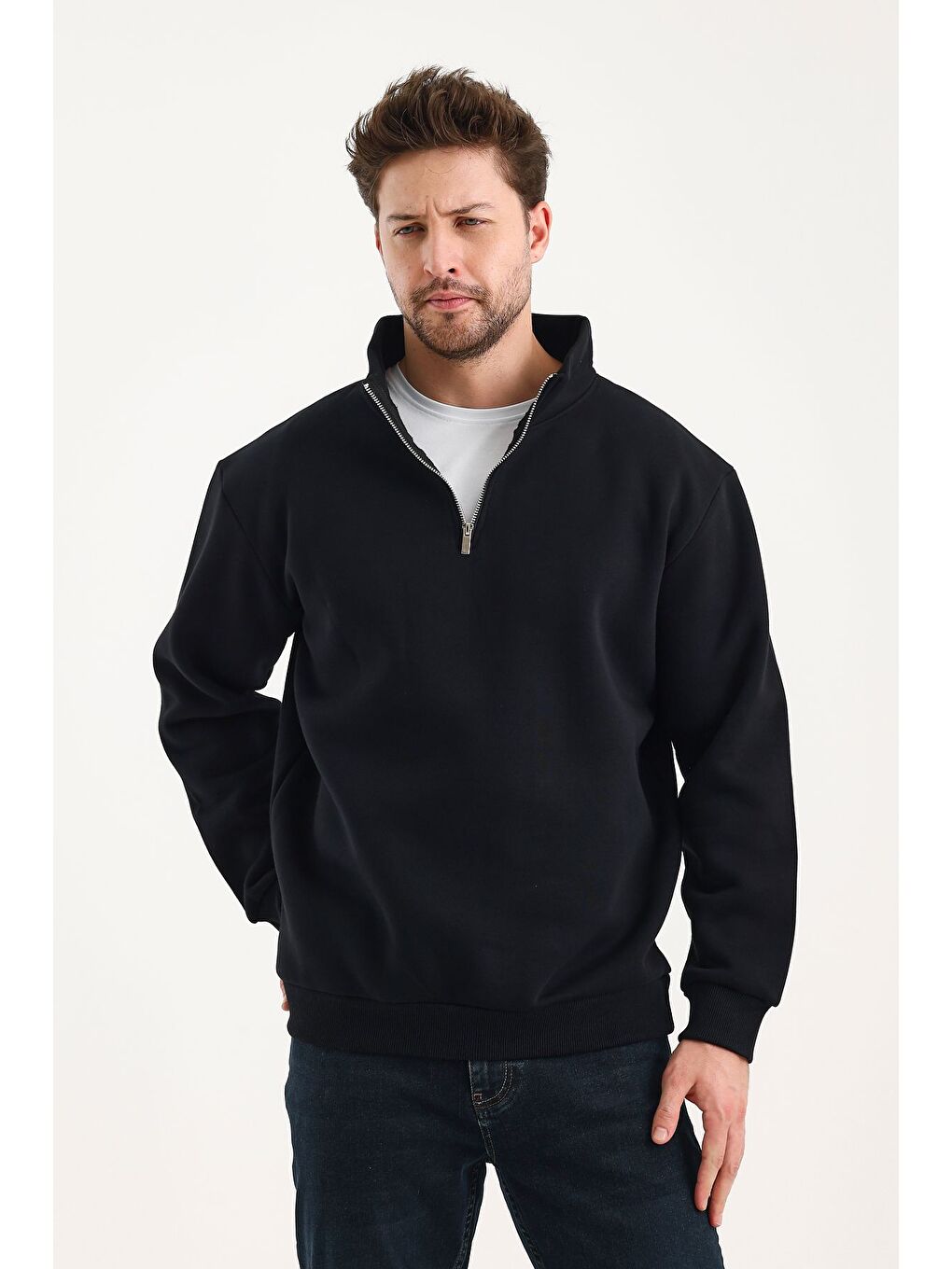 Siyah Unisex %100 Pamuk Sweatshirt  Pamuklu Içi Polarlı Yarım Fermuarlı Dik Yaka %100 Pamuk Sweatshirt-3