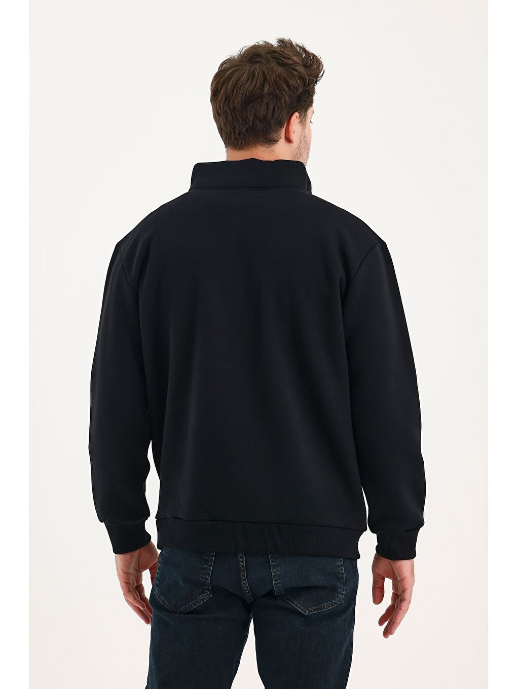 Siyah Unisex %100 Pamuk Sweatshirt  Pamuklu Içi Polarlı Yarım Fermuarlı Dik Yaka %100 Pamuk Sweatshirt-4