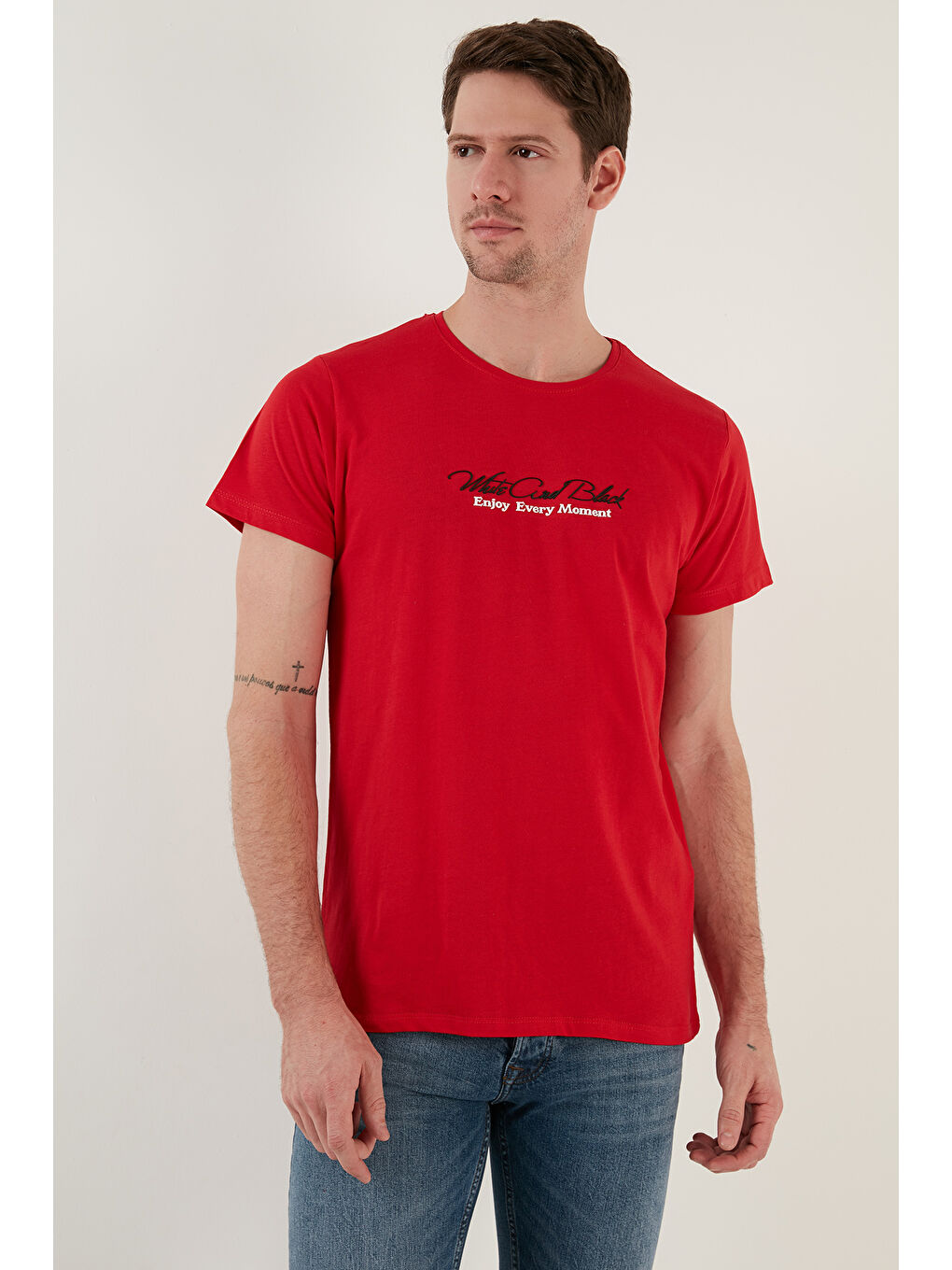 Kırmızı Baskılı Bisiklet Yaka %100 Pamuk Slim Fit Erkek Tişört 541ENJOY-5