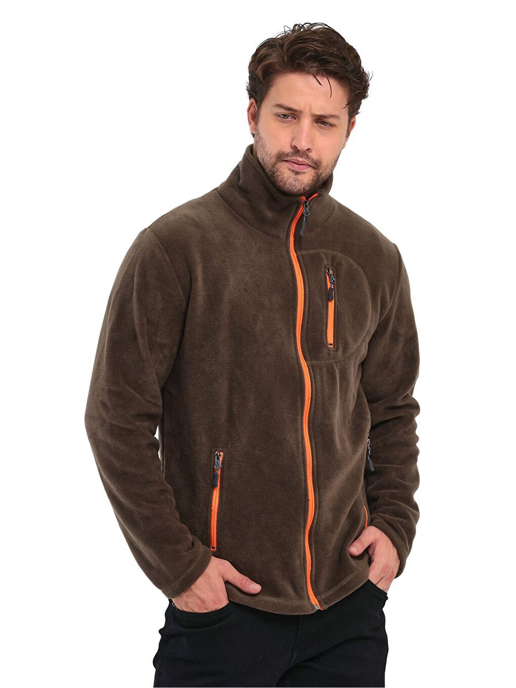 Genius Store Haki Erkek Polar Tam Fermuarlı 3 Cepli Outdoor Polar Ceket (NEW HAKİ) - 2