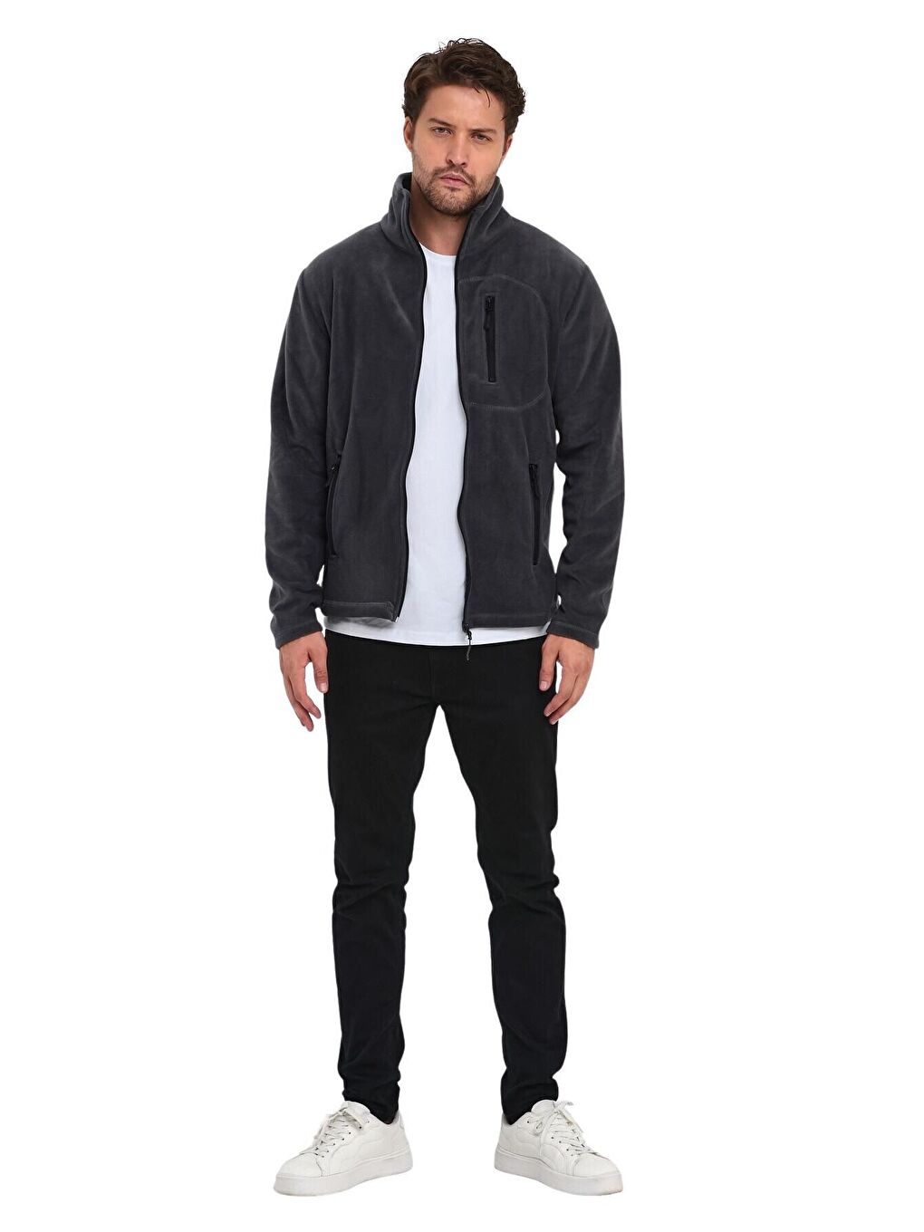 Gri Erkek Polar Tam Fermuarlı 3 Cepli Outdoor Polar Ceket-1