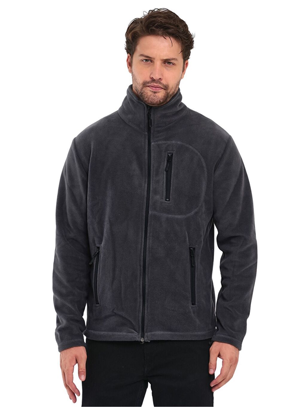 Gri Erkek Polar Tam Fermuarlı 3 Cepli Outdoor Polar Ceket-2