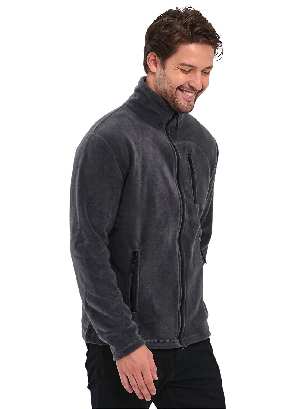 Gri Erkek Polar Tam Fermuarlı 3 Cepli Outdoor Polar Ceket-3