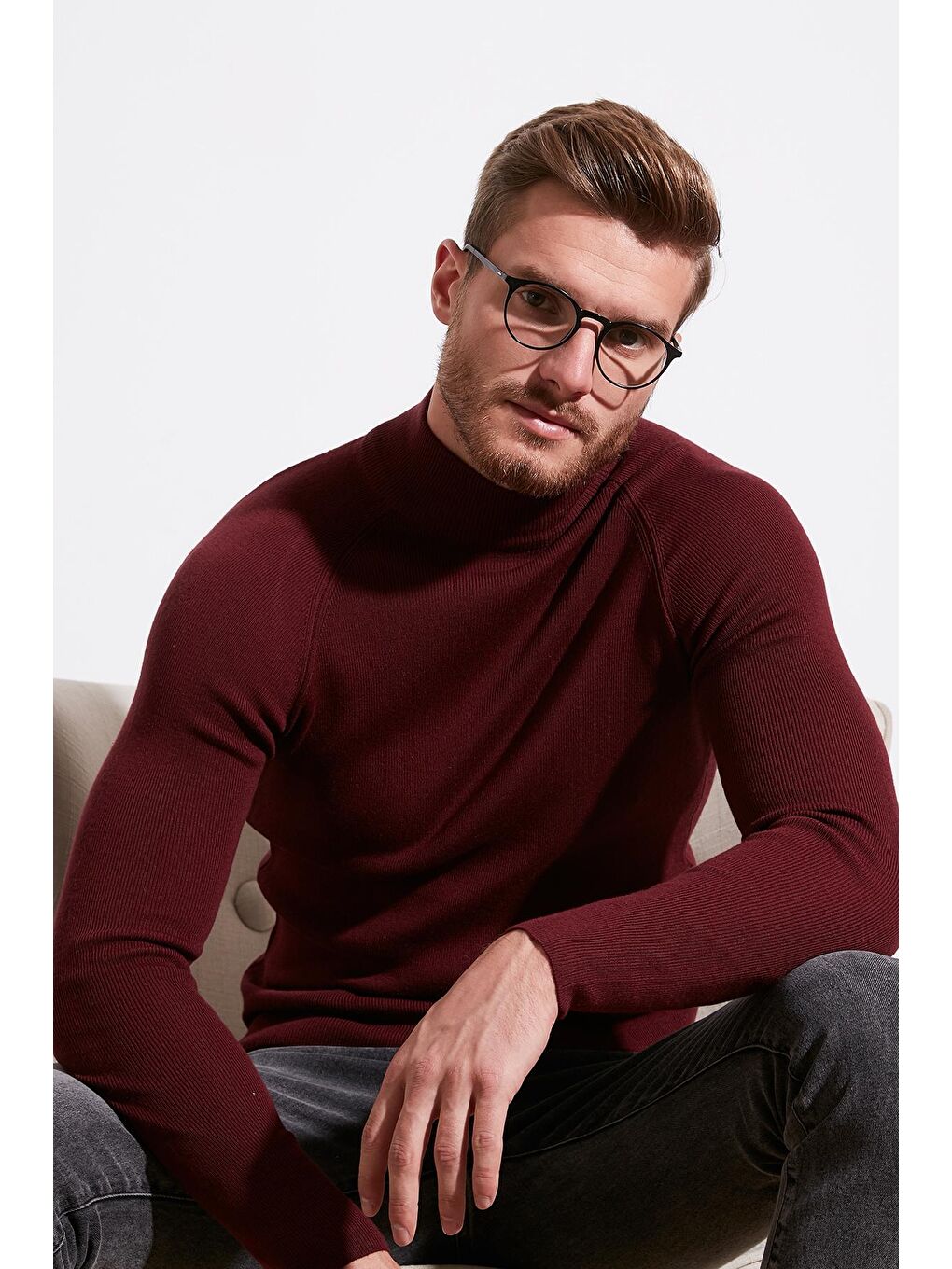 Bordo Slim Fit Balıkçı Yaka Pamuklu Triko Kazak 6353460