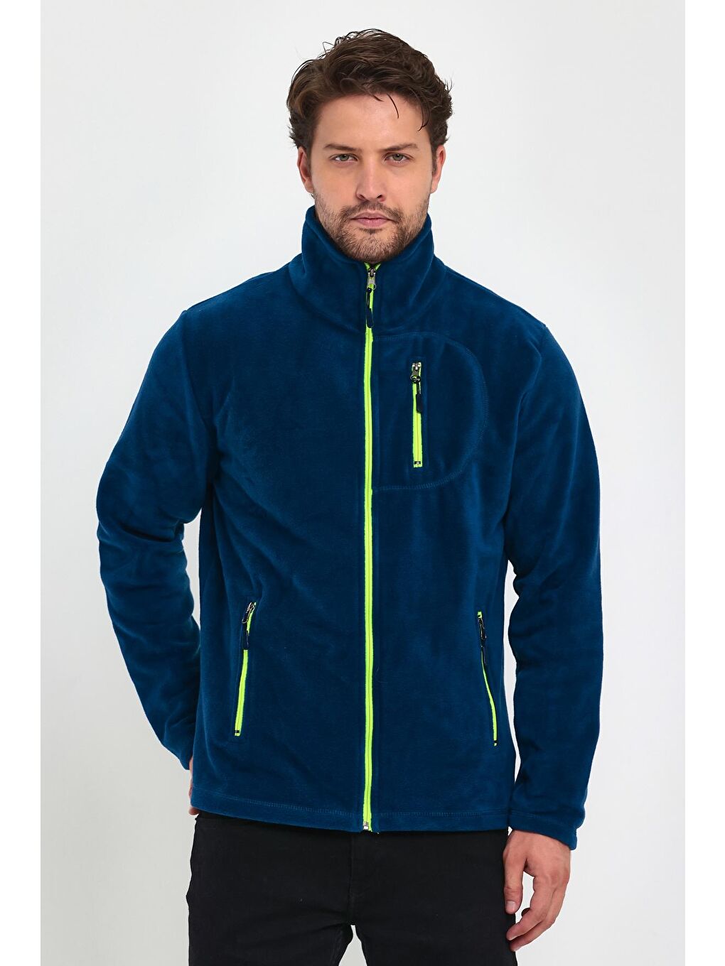 Genius Store Mavi Erkek Polar Tam Fermuarlı 3 Cepli Outdoor Polar Ceket