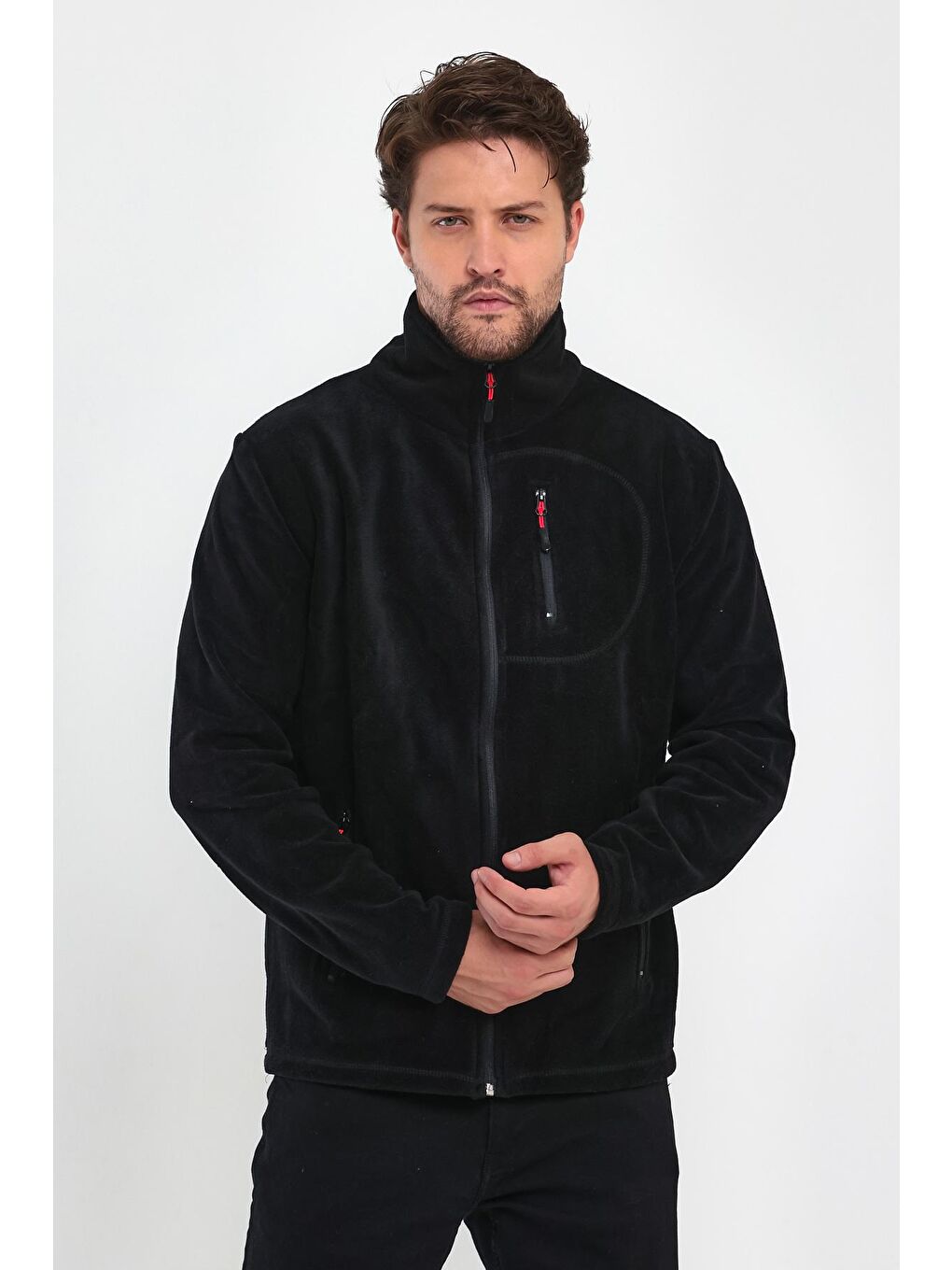 Siyah Erkek Polar Tam Fermuarlı 3 Cepli Outdoor Polar Ceket-1