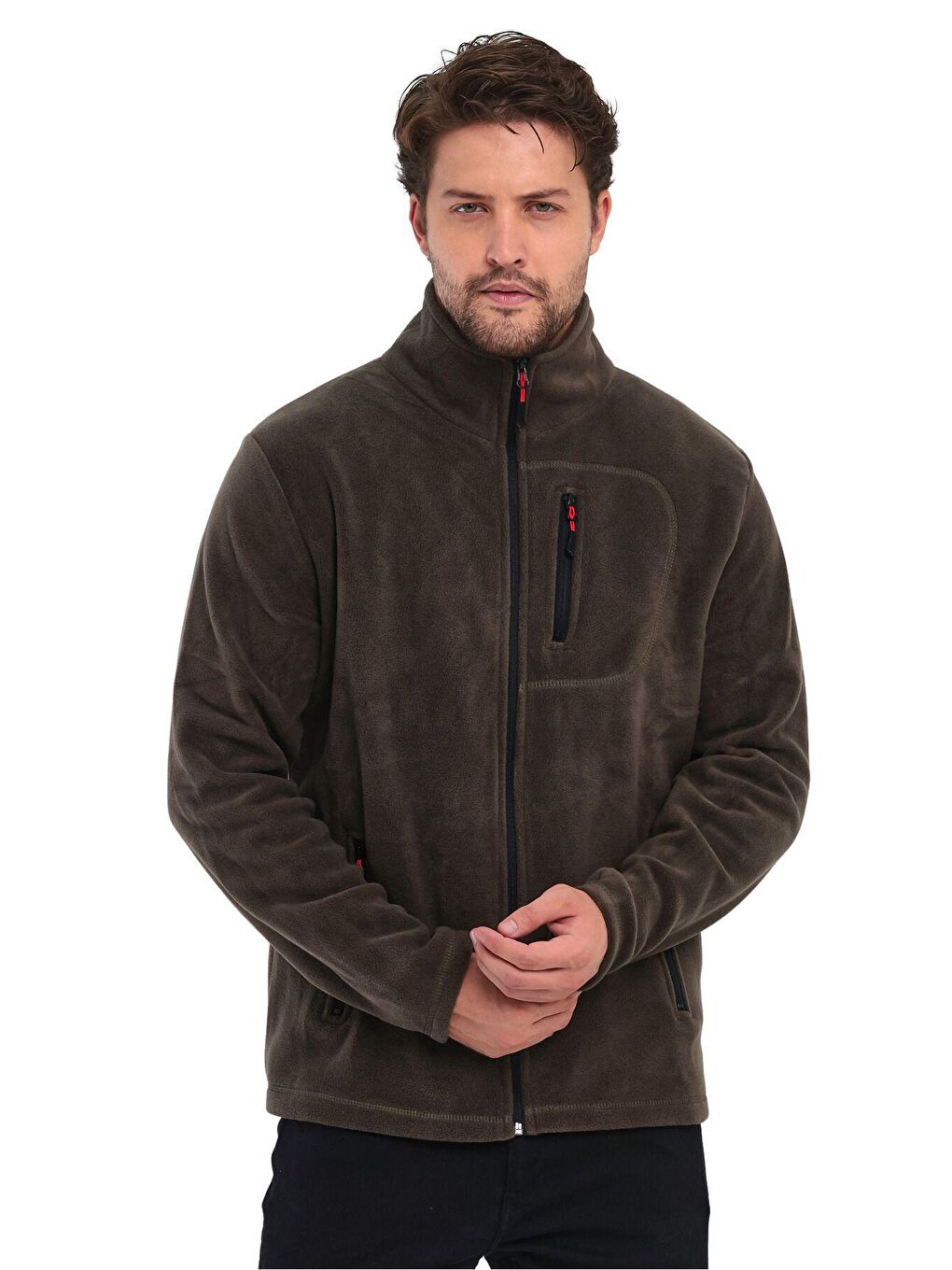 Haki Erkek Polar Tam Fermuarlı 3 Cepli Outdoor Polar Ceket