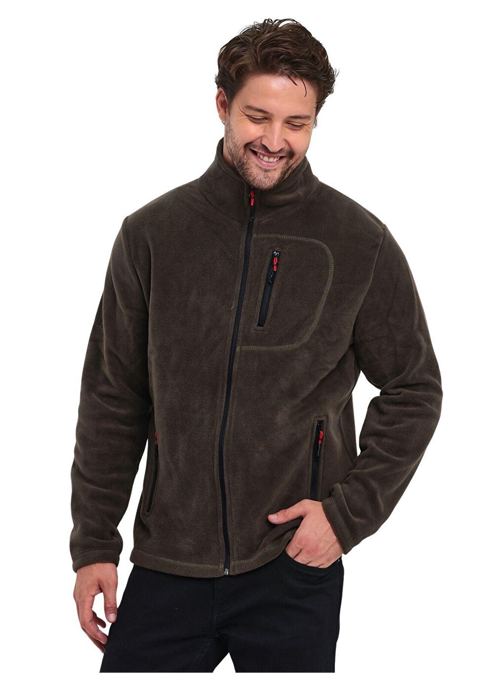 Haki Erkek Polar Tam Fermuarlı 3 Cepli Outdoor Polar Ceket-1